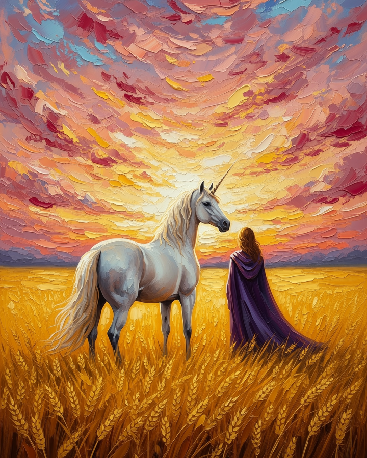 A majestic unicorn and a person in a purple cloak stand in a golden wheat field, gazing at a vibrant, swirling sunset sky painted in rich hues of pink, orange, and blue.