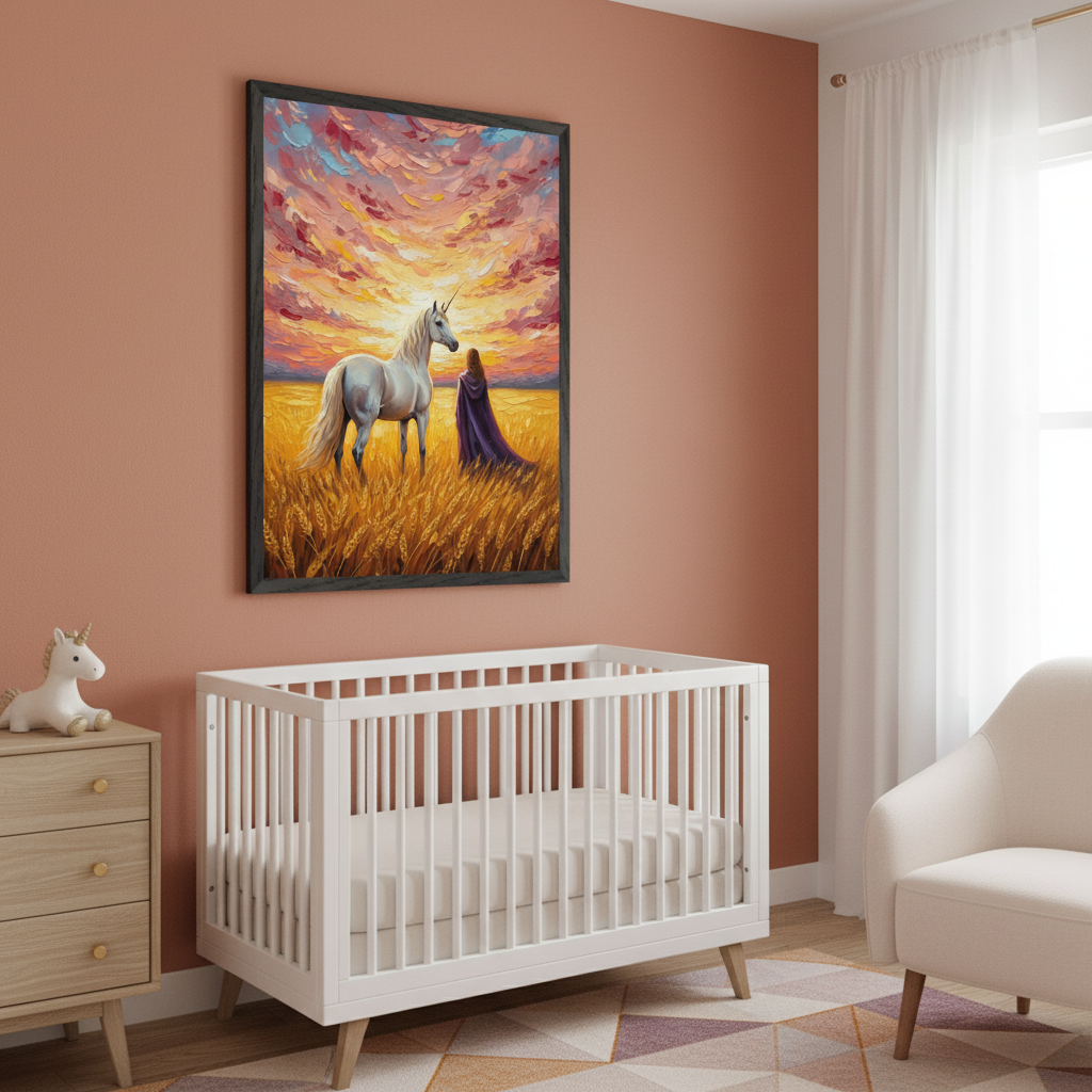 Large framed impasto wallart in nursery with hangs above a white crib and light wood dresser showing a white unicorn and a cloaked figure in a wheat field at sunset. A cream armchair is to the right.