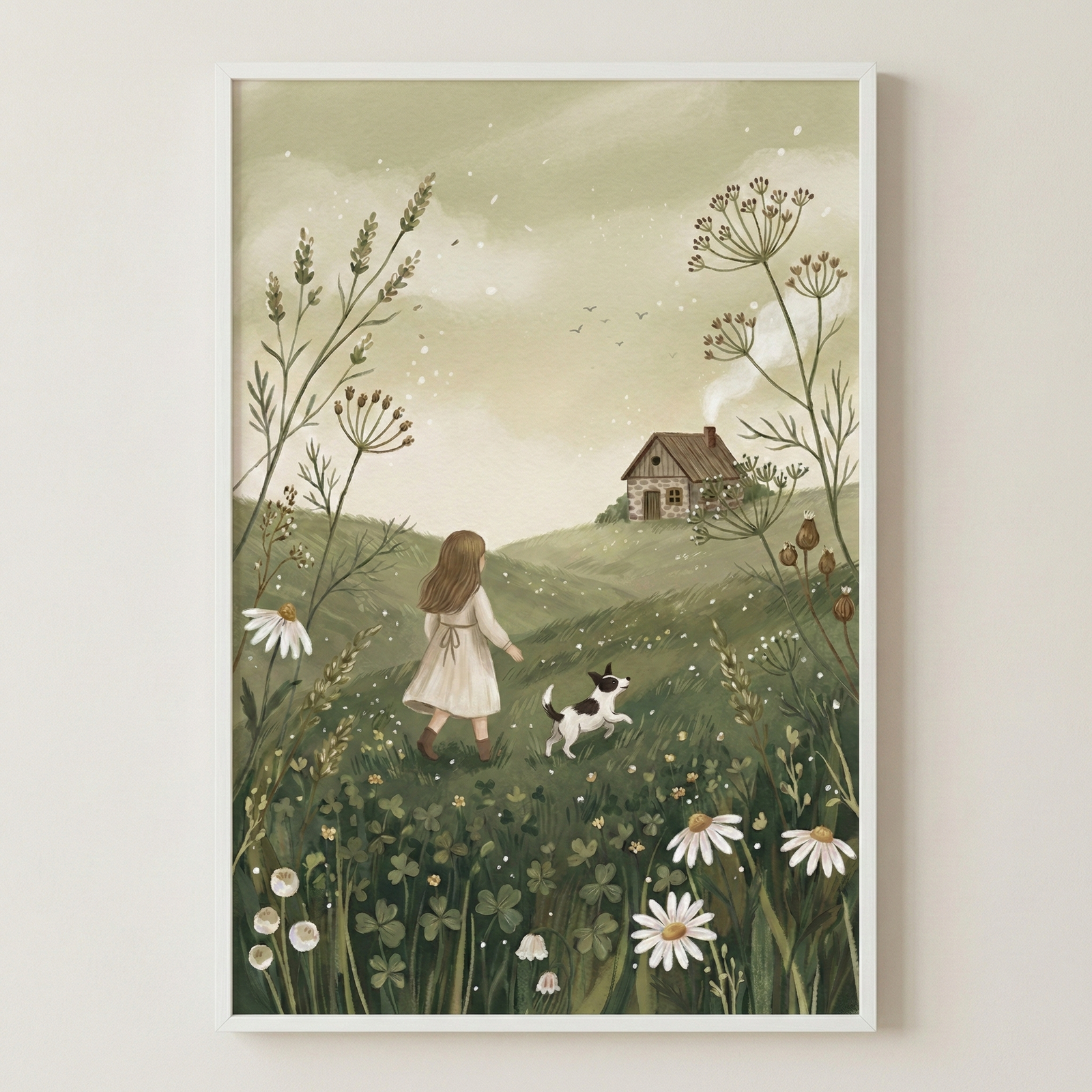A charming illustration features a young girl in a white dress walking alongside a small dog through a lush, flower-filled meadow. In the distance, a quaint cottage with smoke rising from its chimney sits atop a gentle hill, surrounded by tall wildflowers and greenery under a soft, pastel sky.