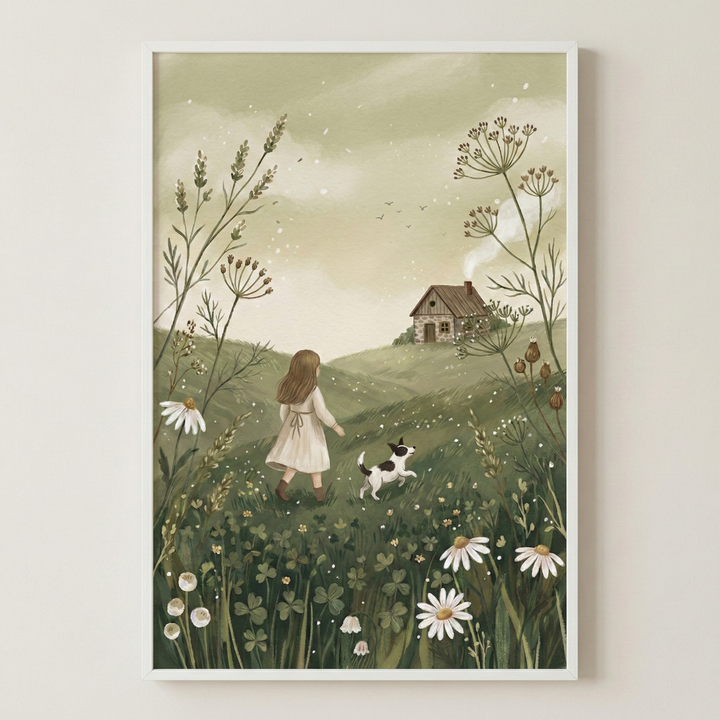 A charming illustration features a young girl in a white dress walking alongside a small dog through a lush, flower-filled meadow. In the distance, a quaint cottage with smoke rising from its chimney sits atop a gentle hill, surrounded by tall wildflowers and greenery under a soft, pastel sky.