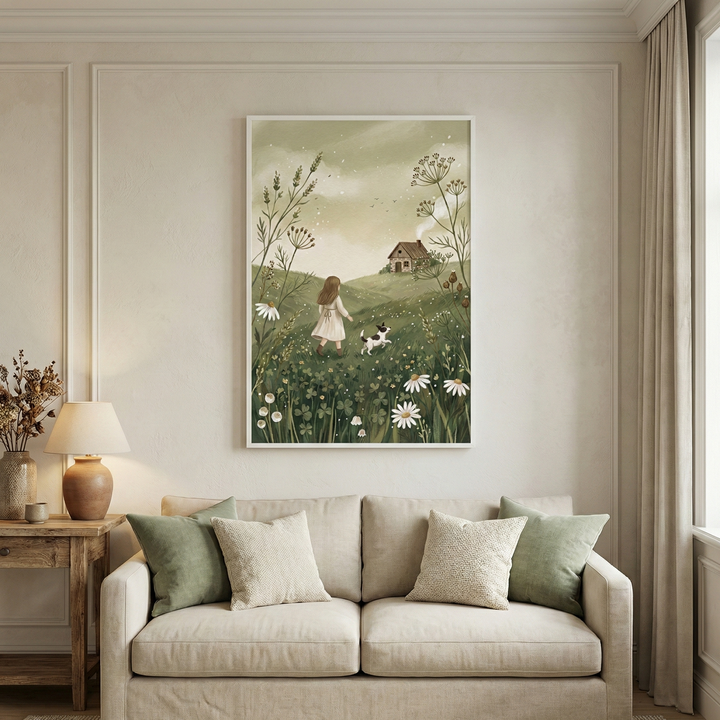 A large framed illustration hangs on a neutral wall above a beige sofa. The artwork shows a young girl in a white dress walking through a green meadow filled with white flowers. A small black and white dog trots beside her as they head toward a cottage on a distant hill under a soft sky. The sofa is decorated with green and cream pillows. To the left, a wooden side table holds a warm lamp and a vase of dried flowers, creating a peaceful and cozy living space.
