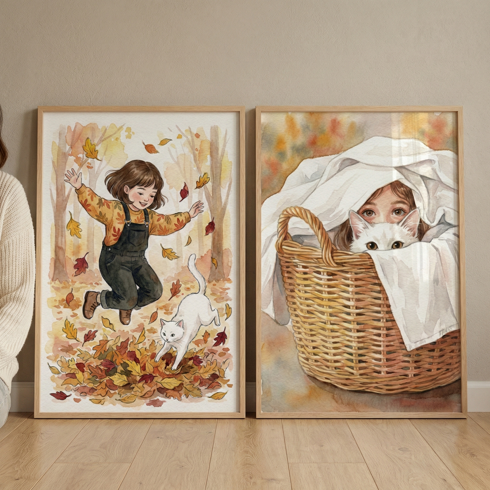 Two framed watercolor illustrations sit on a light wood floor against a neutral wall. The illustration on the left shows a joyful young girl in overalls and a yellow sweater jumping in a pile of fall leaves with a white cat. The illustration on the right features the same girl and white cat peeking out from a woven wicker basket filled with a white blanket. Both pieces use soft, warm tones. A person in a white knit sweater is partially visible on the left.