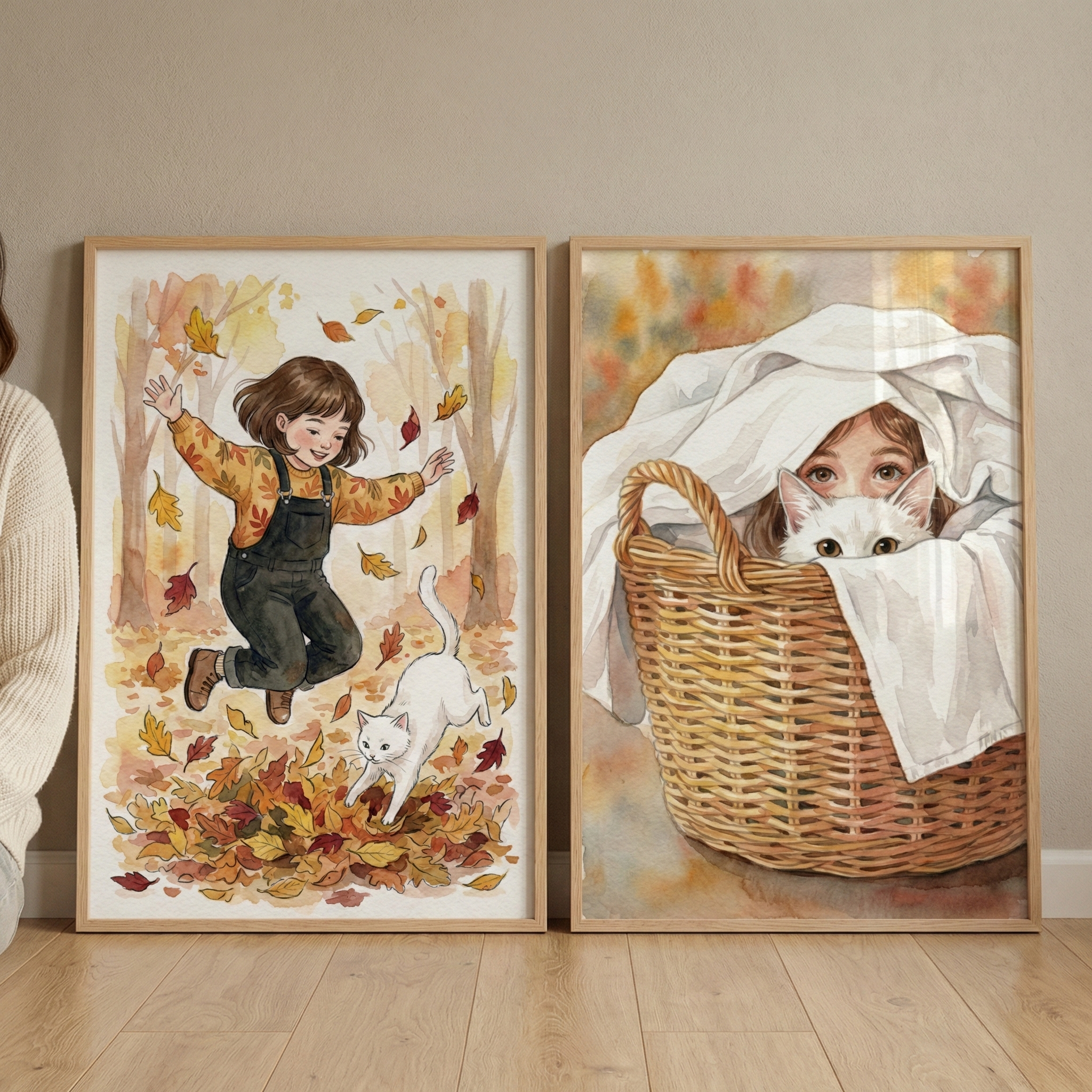 Girl And Cat Art Set of 2 - Autumn Play Days