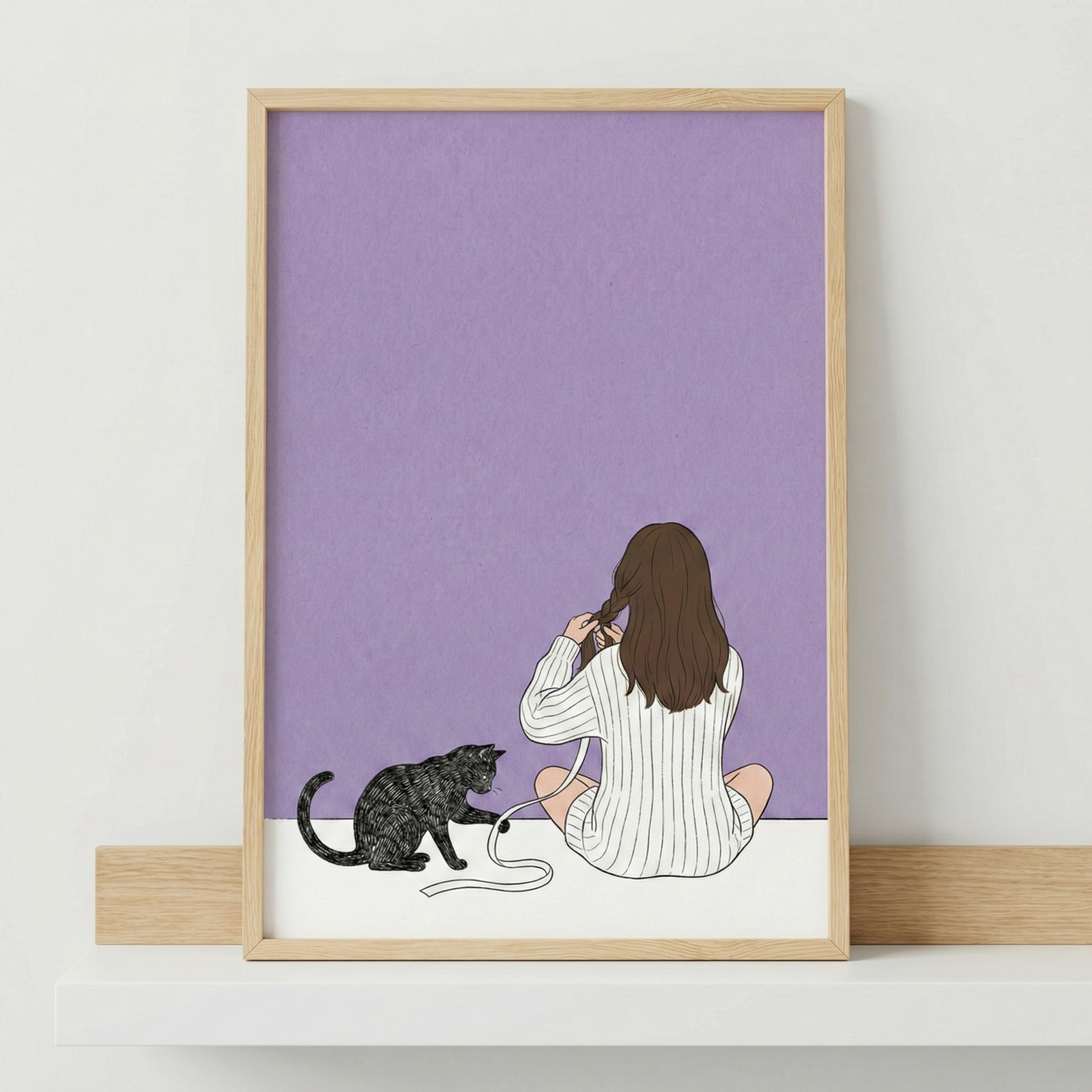 A framed digital illustration rests on a white shelf against a plain white wall. The artwork depicts a woman from the back, sitting cross-legged on a white floor against a solid lavender background. She has long brown hair and is wearing a long-sleeved, oversized white ribbed sweater while braiding her hair. To her left, a dark-patterned cat sits on the floor, playfully reaching out a paw toward a white ribbon that extends from the woman's hand. 