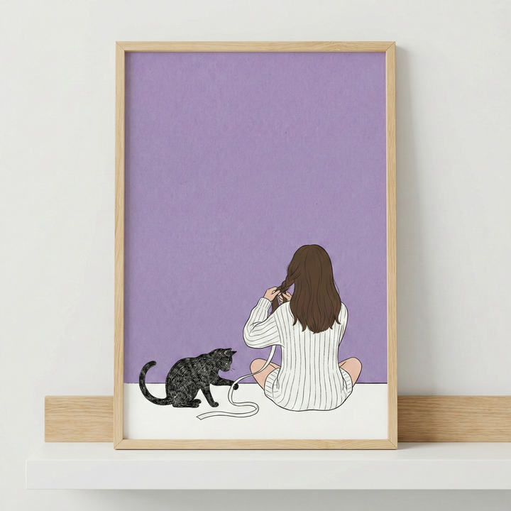 A framed digital illustration rests on a white shelf against a plain white wall. The artwork depicts a woman from the back, sitting cross-legged on a white floor against a solid lavender background. She has long brown hair and is wearing a long-sleeved, oversized white ribbed sweater while braiding her hair. To her left, a dark-patterned cat sits on the floor, playfully reaching out a paw toward a white ribbon that extends from the woman's hand. 