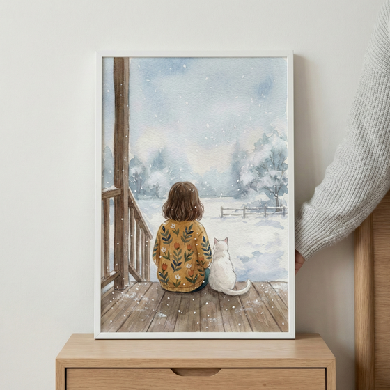 A framed watercolor-style illustration shows a child and a white cat sitting side-by-side on a wooden deck, looking out at a peaceful, snowy field. The child, seen from behind, has brown hair and wears a yellow sweater adorned with colorful flowers. In the distance, a fence and trees are visible through the light snowfall under a soft blue sky. The frame sits on a wooden nightstand against a white wall, with a person's arm in a grey sweater partially visible on the right.