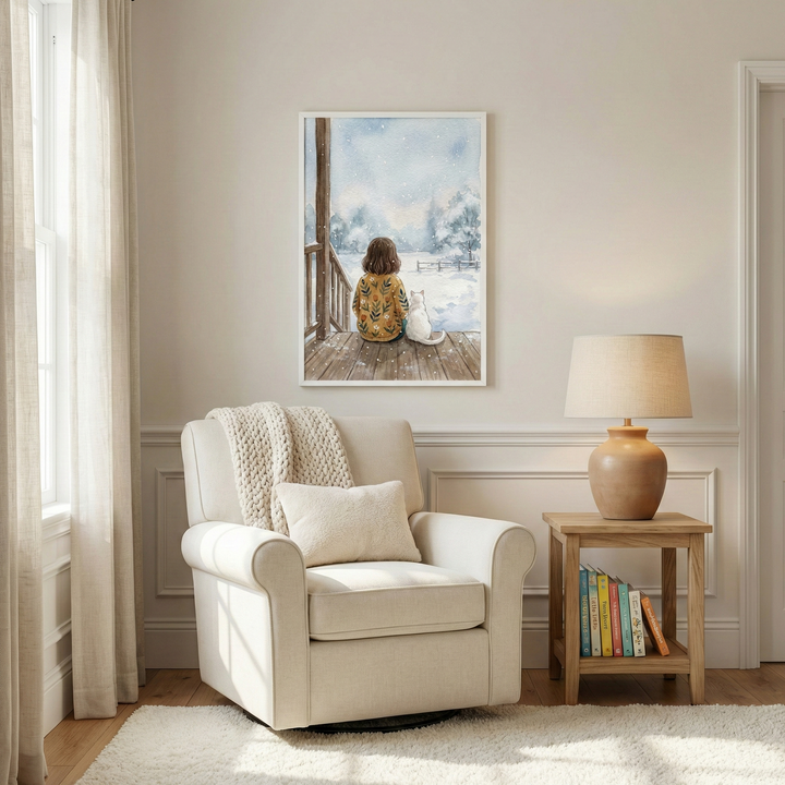 A serene and cozy interior scene features a cream-colored upholstered armchair set against an off-white wall with traditional wainscoting. A thick, off-white knit throw blanket is draped over the back of the chair, and a small, soft white pillow rests on the seat. To the left, a tall window is covered with light, airy curtains that filter soft daylight into the room. 