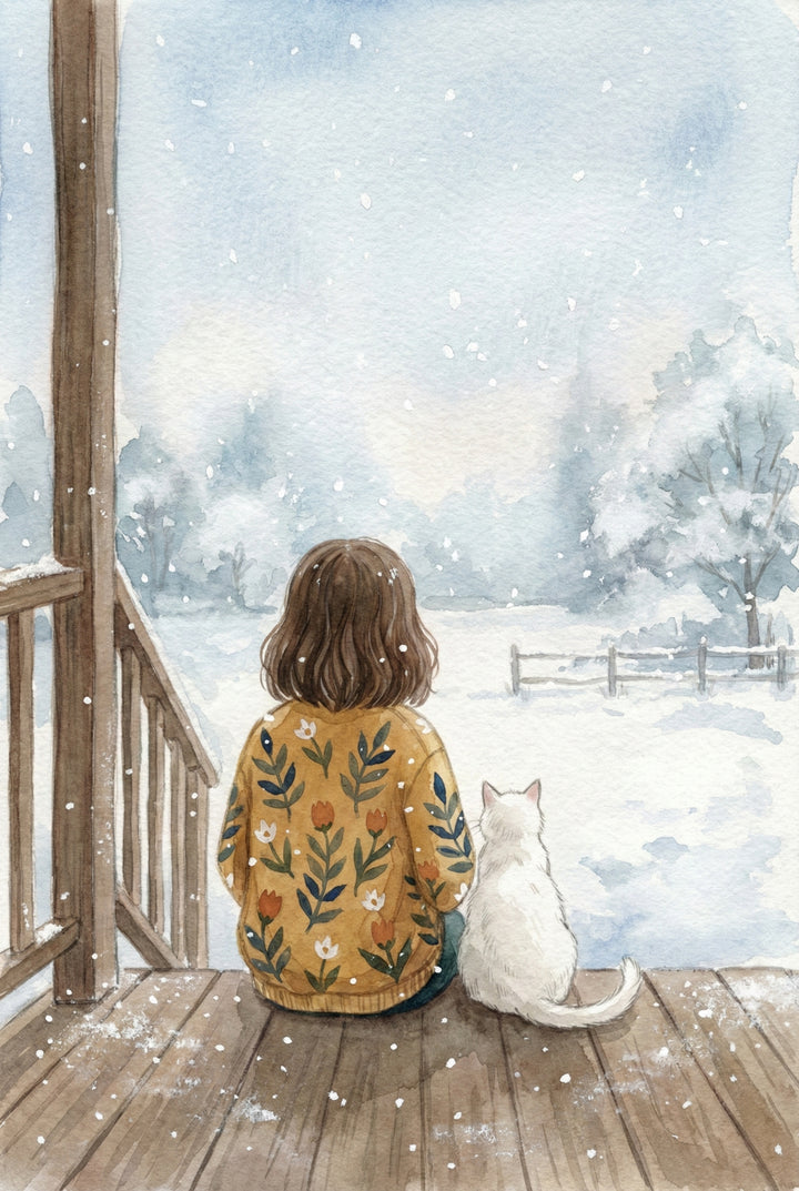 Back view of a girl and her white cat sitting on a wooden porch, watching gentle snow fall over a quiet, snowy landscape. The girl's sweater is decorated with colorful flowers.
