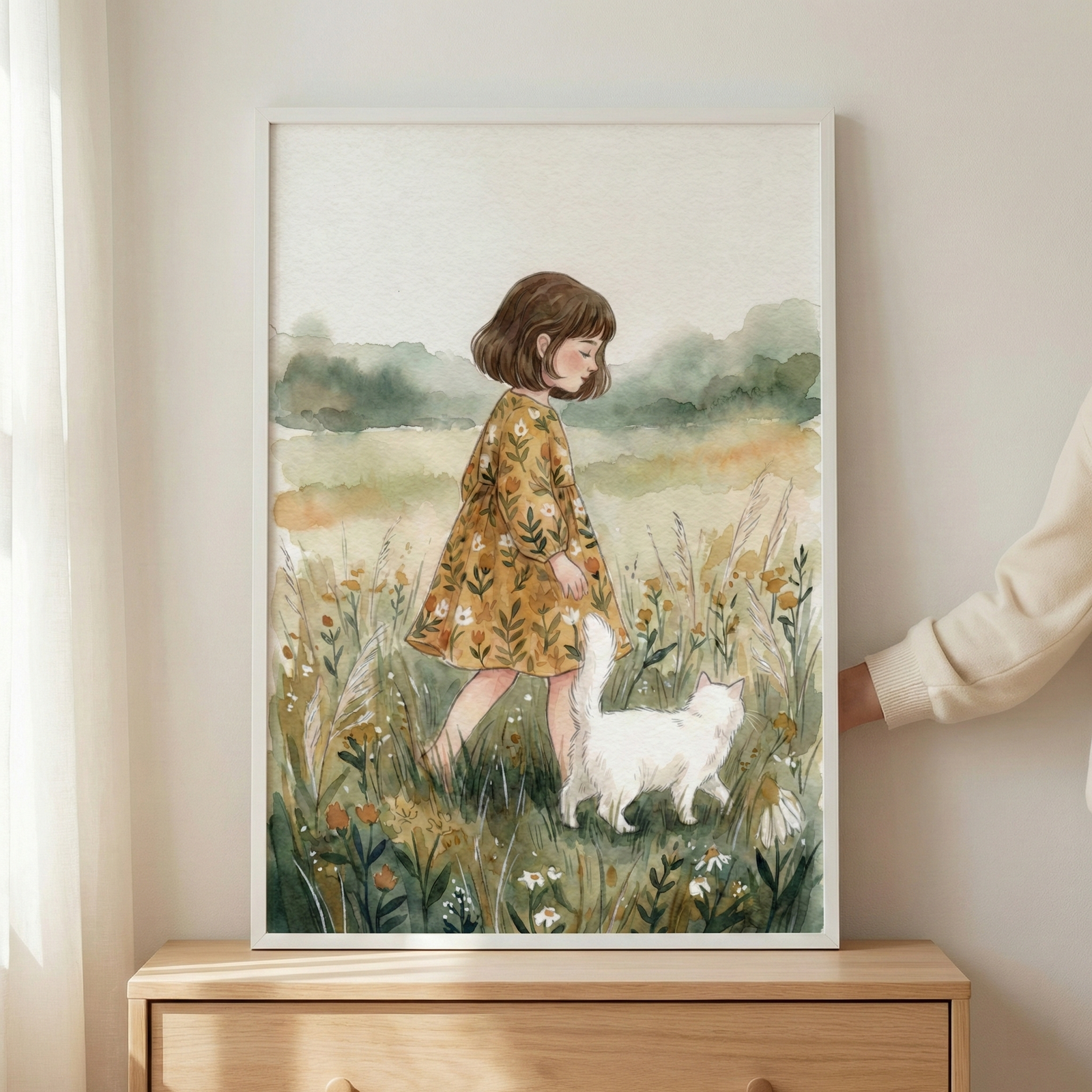 A framed watercolor illustration of a young girl with short brown hair walking through a wildflower meadow. She wears a long-sleeved, mustard-yellow dress with a floral pattern. Beside her, a fluffy white cat strolls through tall grass and small orange and white blossoms. Soft, hazy green hills are visible in the background. The framed work is held against a neutral wall by a hand, resting just above a light-colored wooden dresser.