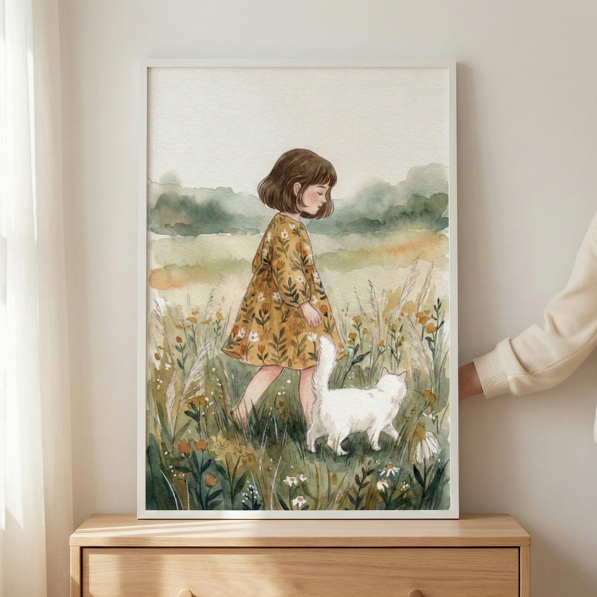 Girl And Cat Walking In  Field Wall Art - Golden Meadow Stroll