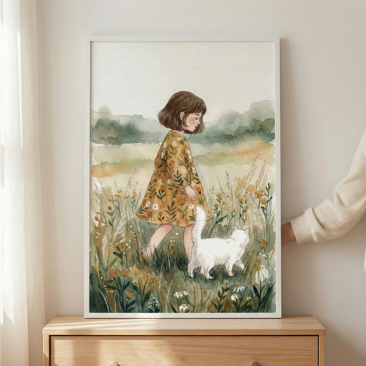 A framed watercolor illustration of a young girl with short brown hair walking through a wildflower meadow. She wears a long-sleeved, mustard-yellow dress with a floral pattern. Beside her, a fluffy white cat strolls through tall grass and small orange and white blossoms. Soft, hazy green hills are visible in the background. The framed work is held against a neutral wall by a hand, resting just above a light-colored wooden dresser.