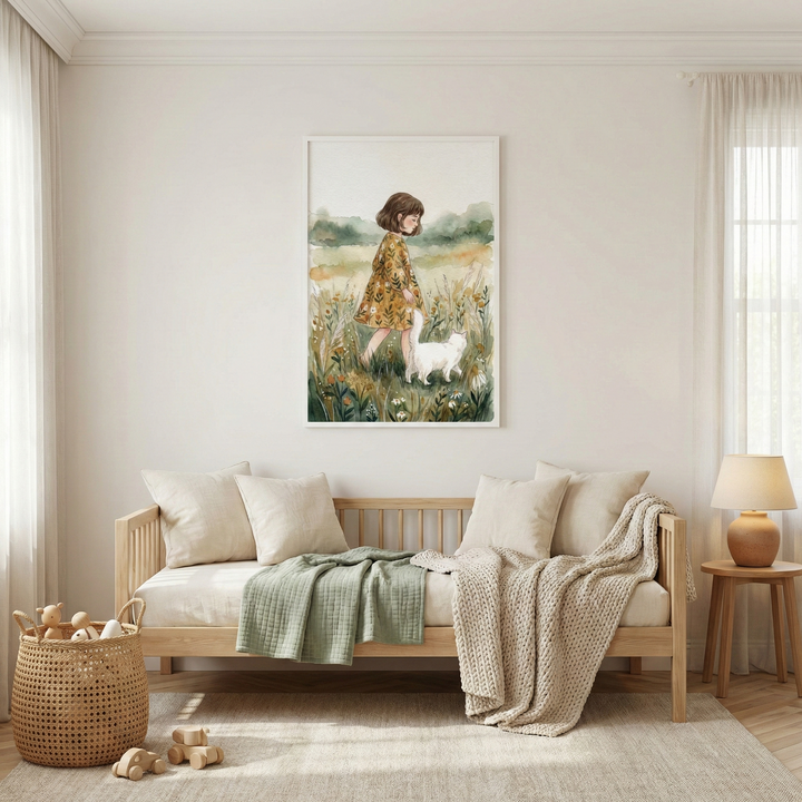 A vertically framed piece of artwork hangs centrally on a clean, off-white wall in a serene and cozy room. The art piece is a soft, watercolor-style illustration depicting a young girl with short brown hair, dressed in a mustard-yellow floral dress, walking through a meadow of wildflowers. A fluffy white cat walks alongside her through the tall grass. 
