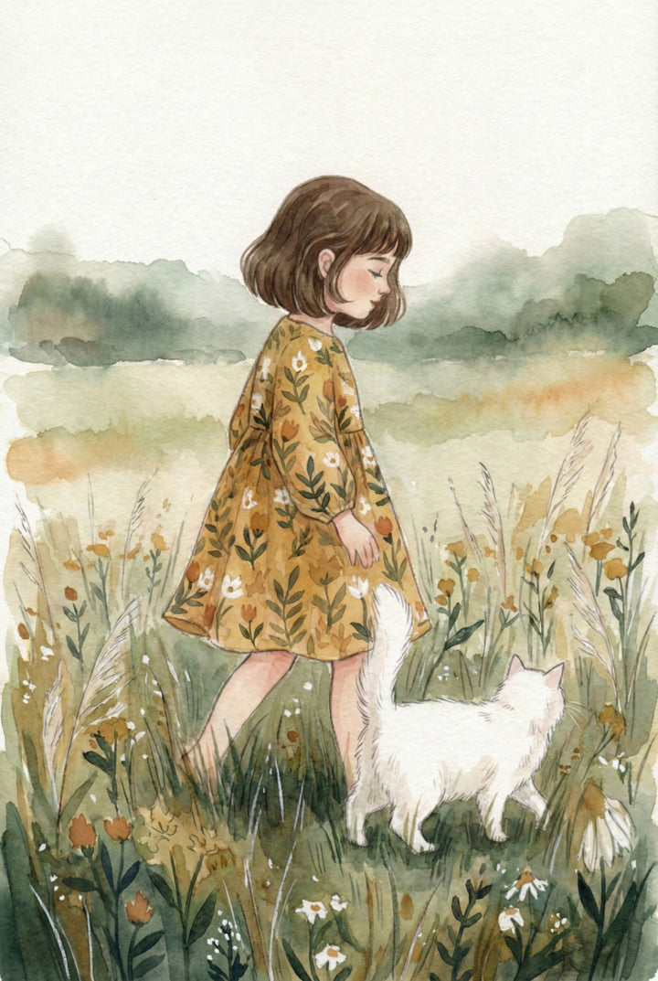 A girl in a mustard floral dress strolls barefoot through a meadow, followed closely by a fluffy white cat. Soft hills and greenery stretch out in the background.