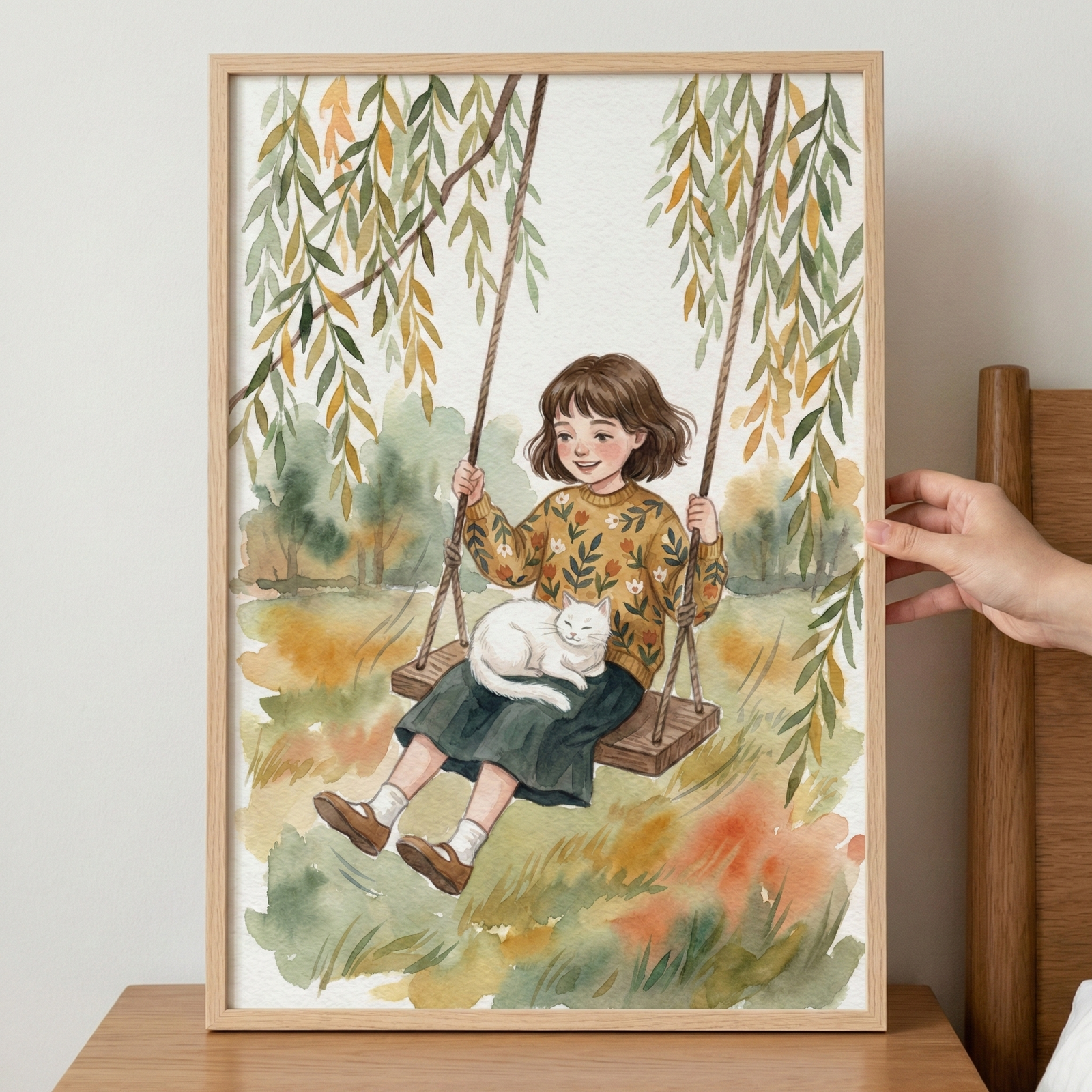 A framed watercolor-style illustration depicts a young girl with short brown hair sitting on a wooden swing. she wears a yellow sweater with a floral pattern and a dark green skirt. A fluffy white cat is curled up on her lap. The swing hangs from a tree with long, drooping leaves against a soft, impressionistic landscape of green and orange hues. A hand holds the edge of the light wood frame, which sits on a wooden surface.