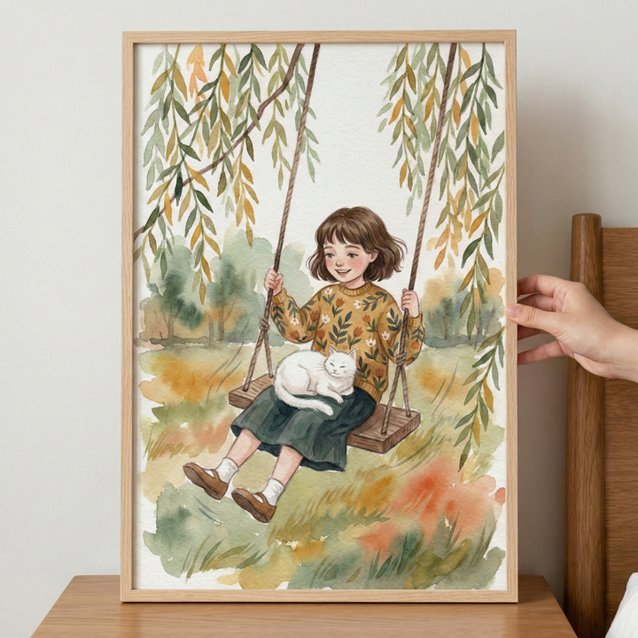 A framed watercolor-style illustration depicts a young girl with short brown hair sitting on a wooden swing. she wears a yellow sweater with a floral pattern and a dark green skirt. A fluffy white cat is curled up on her lap. The swing hangs from a tree with long, drooping leaves against a soft, impressionistic landscape of green and orange hues. A hand holds the edge of the light wood frame, which sits on a wooden surface.