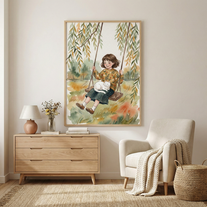 A large framed artwork hangs on a light wall in a cozy room. The illustration shows a girl with short brown hair on a wooden swing under willow branches, holding a white cat. The art features soft colors and nature themes. Below, a light wood chest of drawers holds a small terracotta lamp, a vase of dried flowers, and books. To the right is an off-white armchair with a chunky knit throw. A woven basket and a textured jute rug complete the warm, minimalist interior.