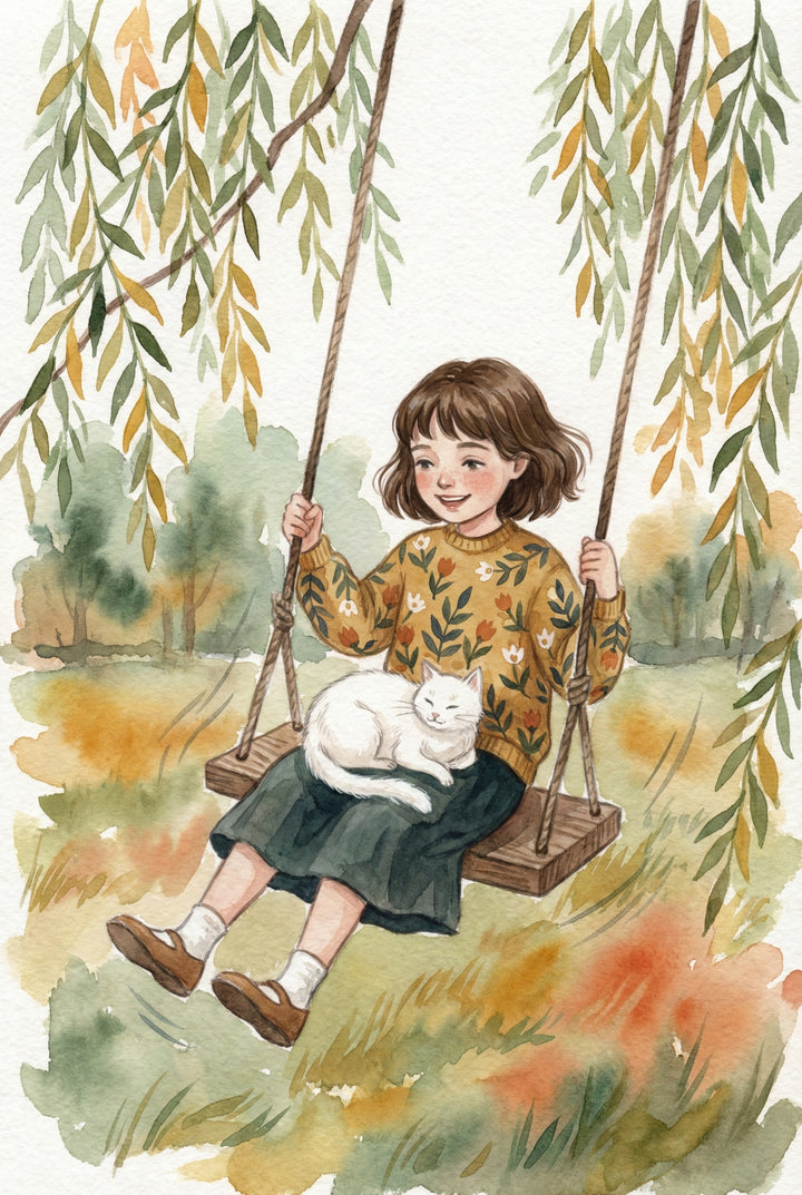 Watercolor illustration of a smiling girl in a floral sweater sitting on a wooden swing with a white cat curled up in her lap. Willow tree branches hang gently around them.
