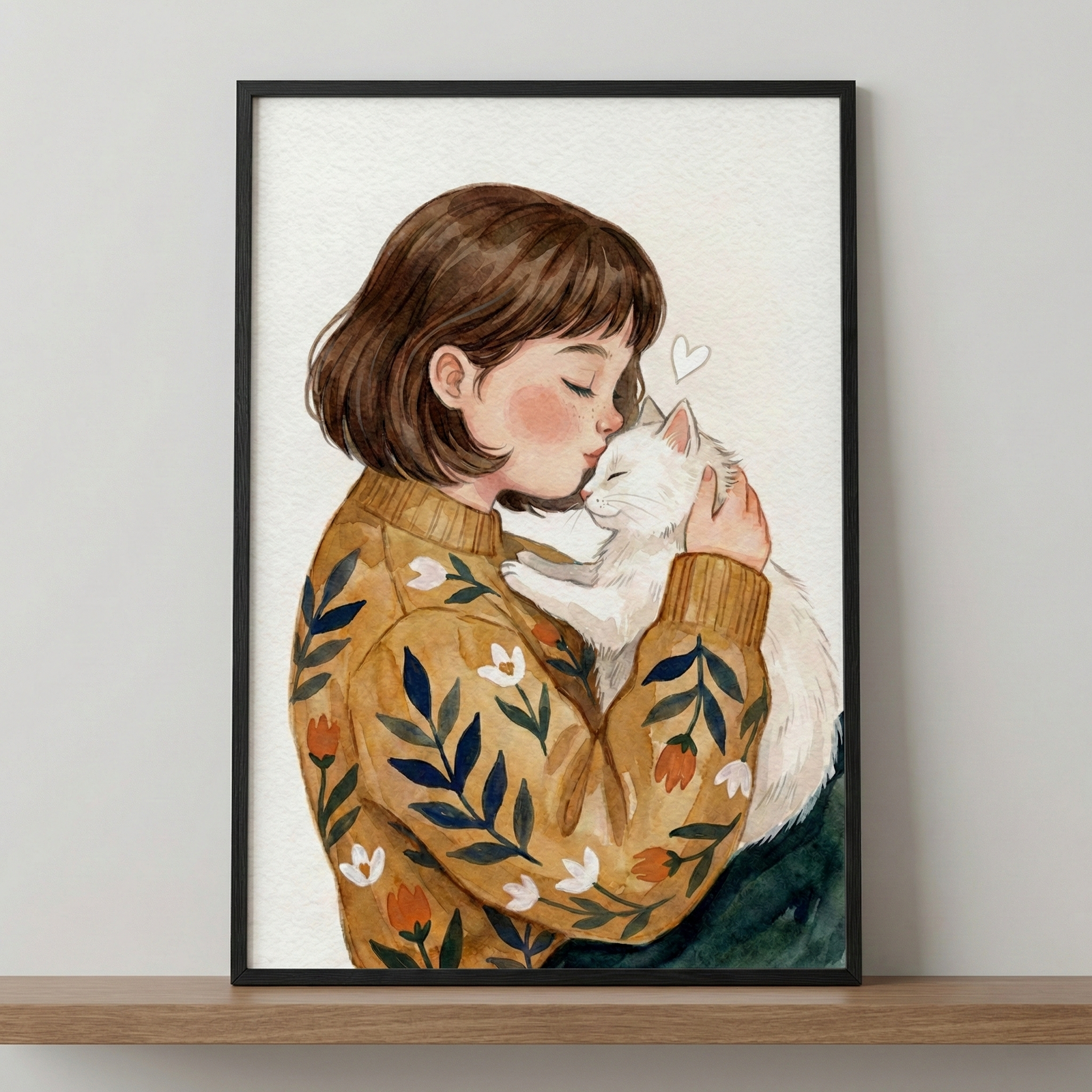 A framed watercolor illustration of a young woman with bobbed brown hair tenderly embracing a fluffy white cat. She has her eyes closed, pressing a gentle kiss to the cat's forehead. She wears a mustard-colored sweater featuring a botanical pattern of blue leaves and small orange and white blossoms. A delicate white heart floats above the pair. The artwork is displayed in a black frame on a wooden shelf against a neutral grey wall.