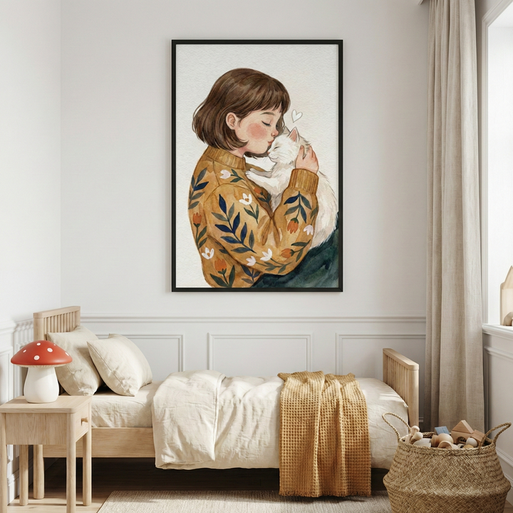 A framed illustration of a person with short brown hair in a floral-patterned yellow sweater hugging a white cat hangs on a white wall. Below the art is a light wood bed with cream-colored bedding and a mustard-yellow throw blanket. To the left, a wooden nightstand holds a red-and-white spotted mushroom lamp. To the right, a large woven basket is filled with wooden toys. The room is decorated in a minimalist style with white wall molding and light beige curtains.