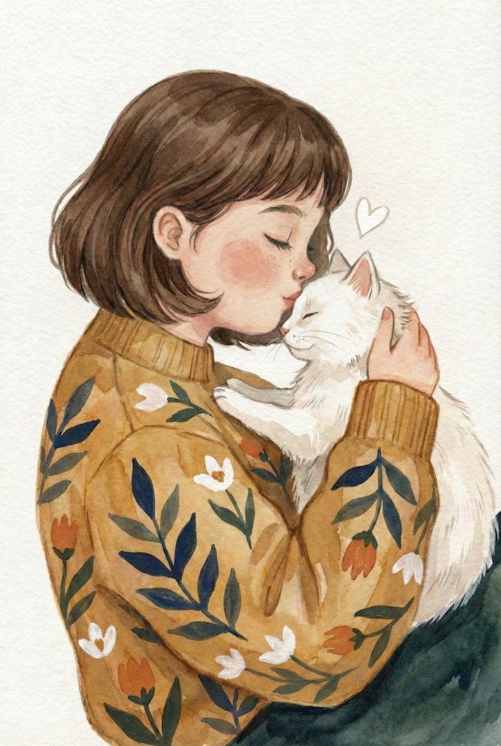 Close-up watercolor of a girl gently kissing a white cat she's holding, with a small heart above them. Both appear peaceful and content, wearing matching floral tones.
