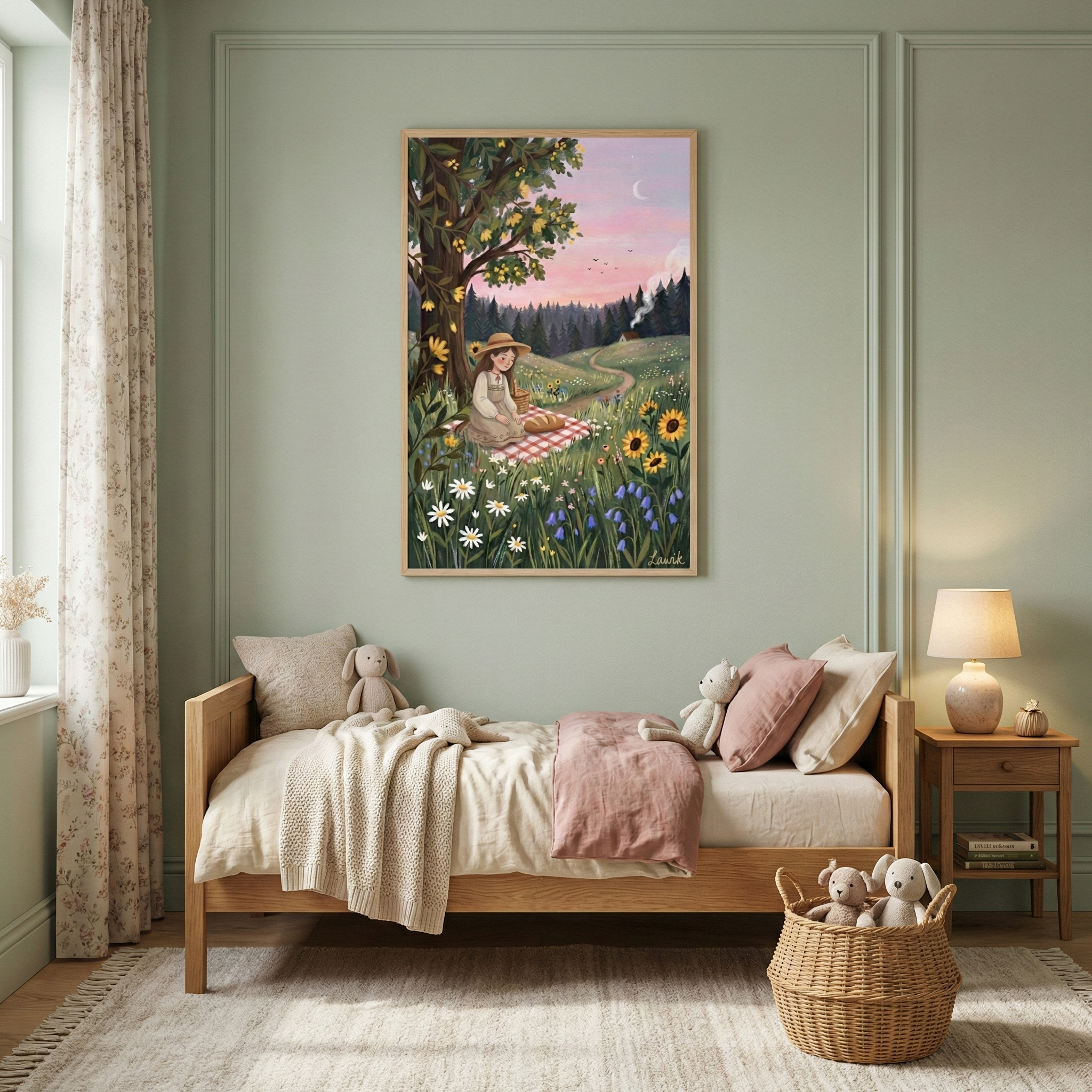 A cozy bedroom features a wooden bed with cream and pink bedding, accompanied by plush toys. A wicker basket filled with stuffed animals sits on a soft rug. A framed painting on the wall depicts a serene scene of a girl sitting on a blanket in a flower-filled meadow under a crescent moon. A small lamp and books adorn the bedside table.