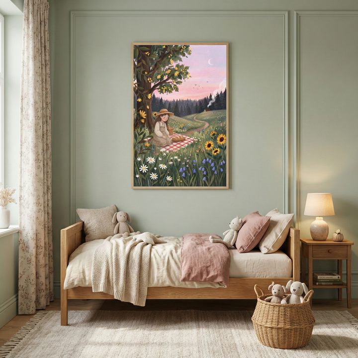 Cozy children’s bedroom with a wooden bed, soft blankets, stuffed animals, and a bedside lamp. Above the bed hangs a framed illustration of a girl in a meadow sitting on a red checkered picnic blanket with bread and flowers under a tree while a winding path leads to a small cottage at sunset.