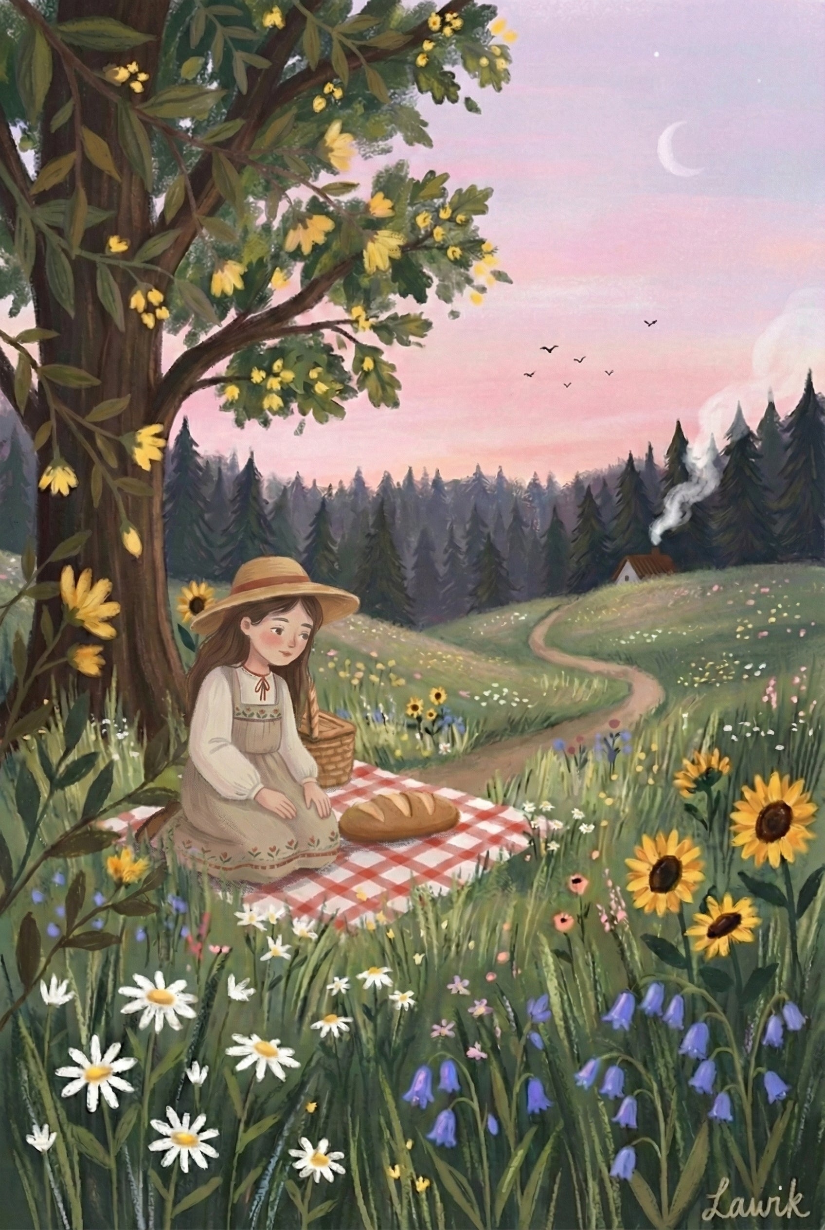 A whimsical illustration of a girl in a straw hat sitting on a red and white checkered blanket in a meadow. She rests beneath a large tree with yellow blossoms. A loaf of bread and a basket sit beside her. The field is filled with sunflowers, daisies, and bluebells. In the background, a path leads to a small cottage with a smoking chimney, bordered by a forest. The twilight sky is a blend of pink and purple, featuring a crescent moon, stars, and distant birds in flight.