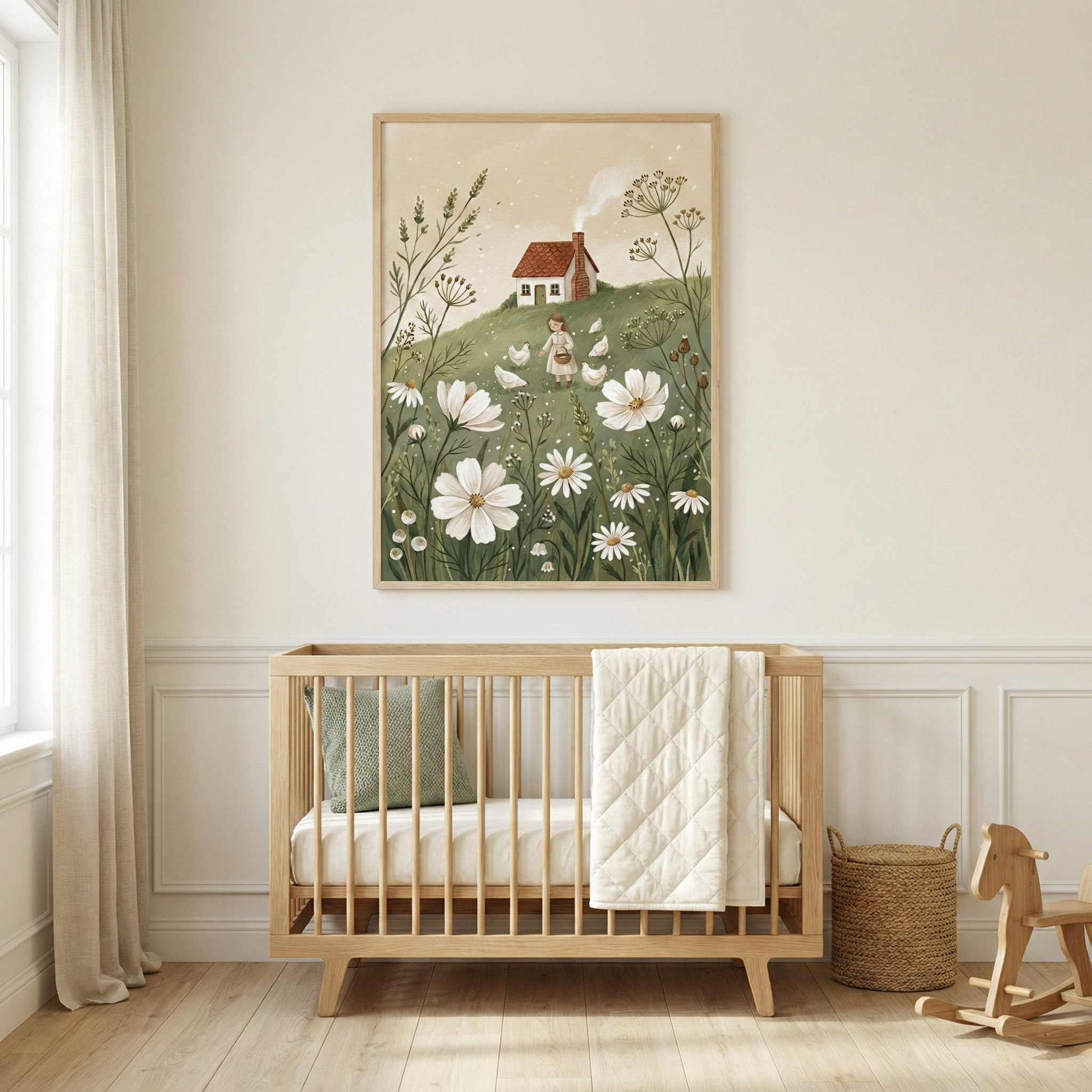 A cozy nursery in neutral tones features a light wood crib below a large framed illustration. The artwork shows a whimsical countryside scene with a cottage on a hill, a girl feeding chickens, and large white flowers in the foreground. Inside the crib are a green pillow and a white quilted blanket. To the right, a wooden rocking horse and a woven basket sit on light wood floors. Sheer white curtains hang by a window on the left, and the walls have classic cream-colored paneling.