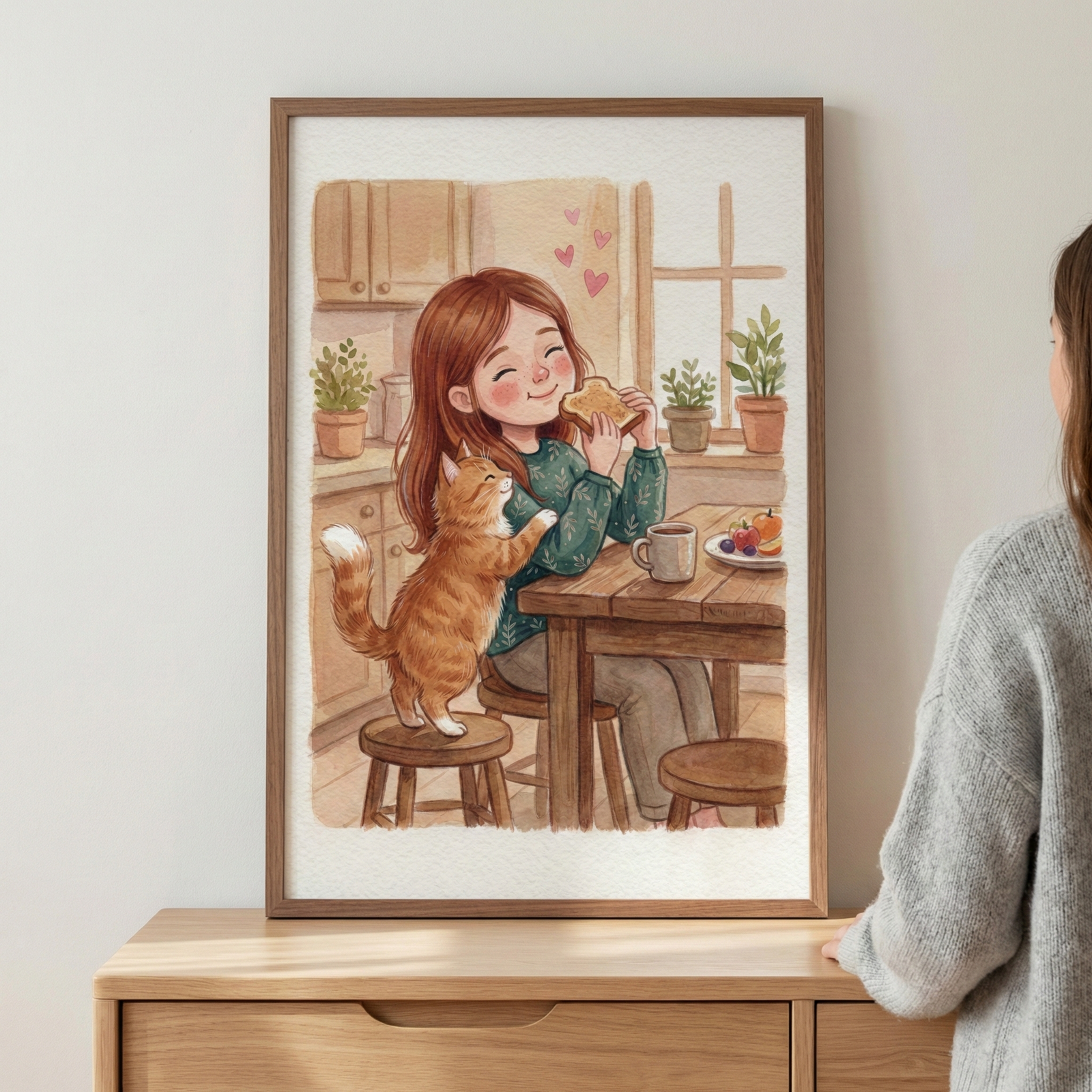 A watercolor-style illustration in a wooden frame depicts a young woman with long brown hair and a green sweater enjoying toast at a wooden table. Beside her, an orange tabby cat stands on a stool, looking up affectionately. Small pink hearts float above her head. The scene is set in a cozy kitchen with a window and potted plants. The framed artwork is mounted on a wall above a light-colored wooden cabinet, with a person partially visible on the right side.