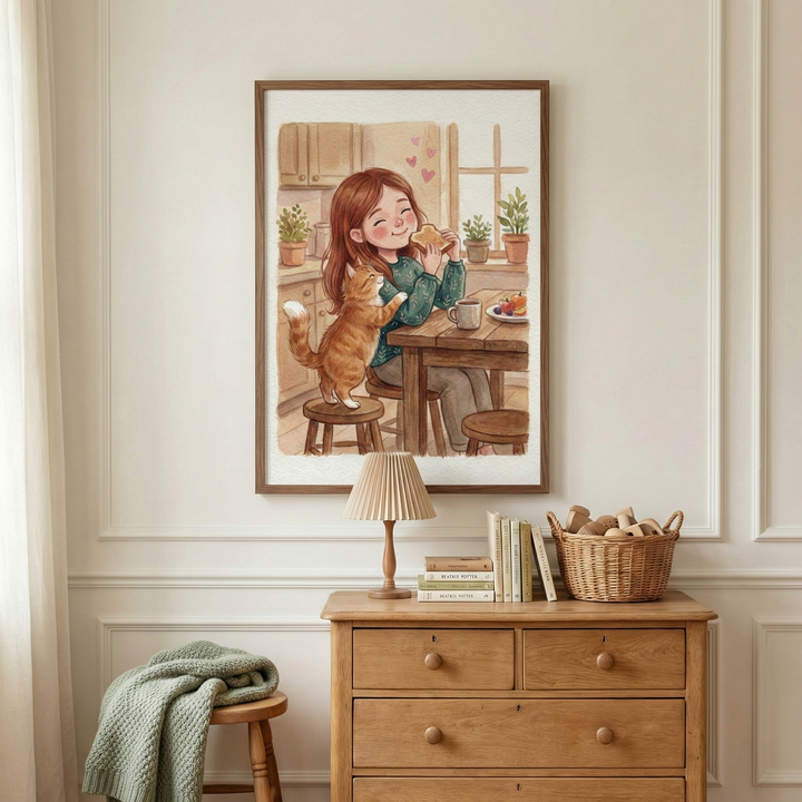 A framed wall art piece hangs on a neutral wall with decorative molding. The illustration depicts a girl with reddish-brown hair eating toast at a kitchen table, while a ginger cat stands on a stool next to her. Pink hearts float nearby. Below the art sits a light wood dresser with round knobs. On it are a small pleated lamp, a stack of books, and a woven basket of wooden toys. To the left, a green textured blanket is draped over a small stool. The room is filled with natural light.