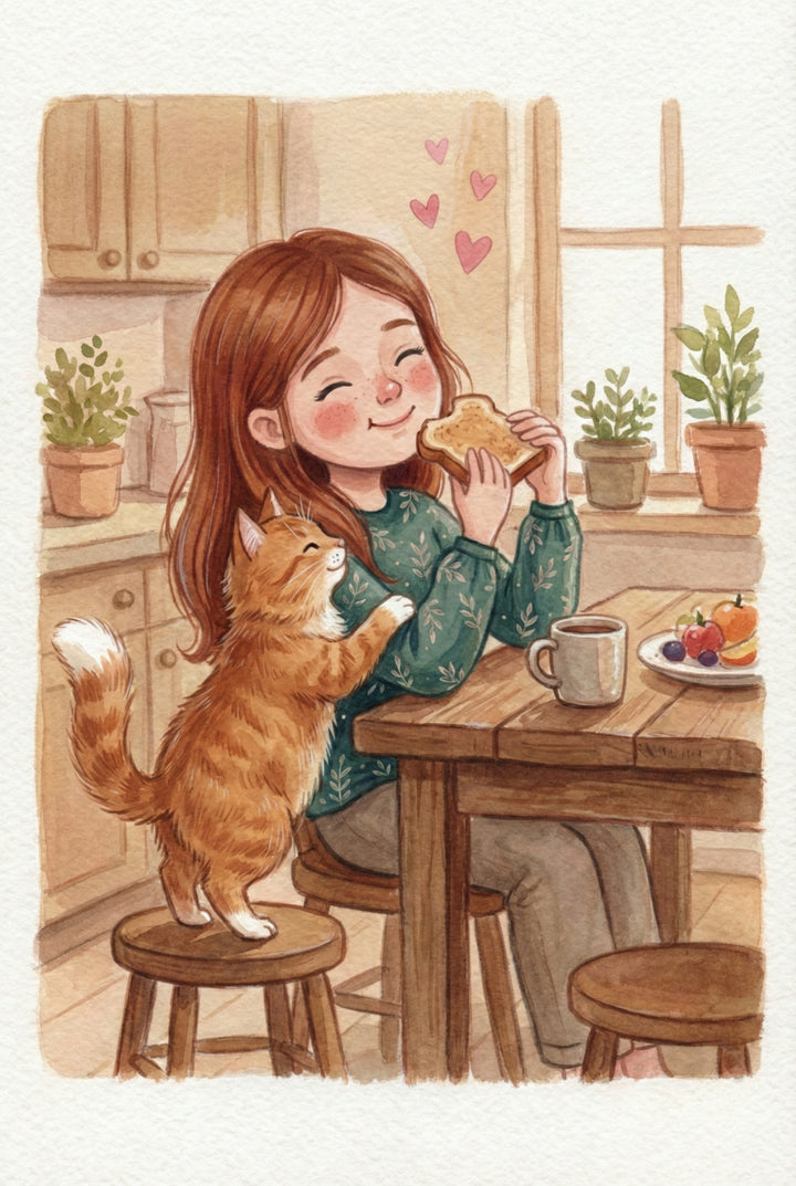 A cheerful girl holds a slice of toast at the breakfast table while a fluffy orange cat stands on its hind legs, pawing at her arm. Hearts float above them in a cozy kitchen filled with plants and warm light.