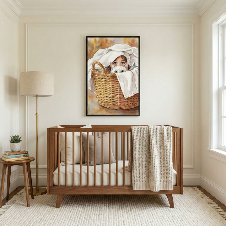 A neutral-toned nursery featuring a mid-century modern wooden crib with a textured cream throw blanket. Centered on the wall above the crib is a framed illustration of a young girl and a white kitten peeking from a wicker basket filled with white fabric. To the left, a tall brass floor lamp sits next to a small wooden side table with books and a potted plant. The space is finished with cream-colored paneled walls and a white fringed rug.
