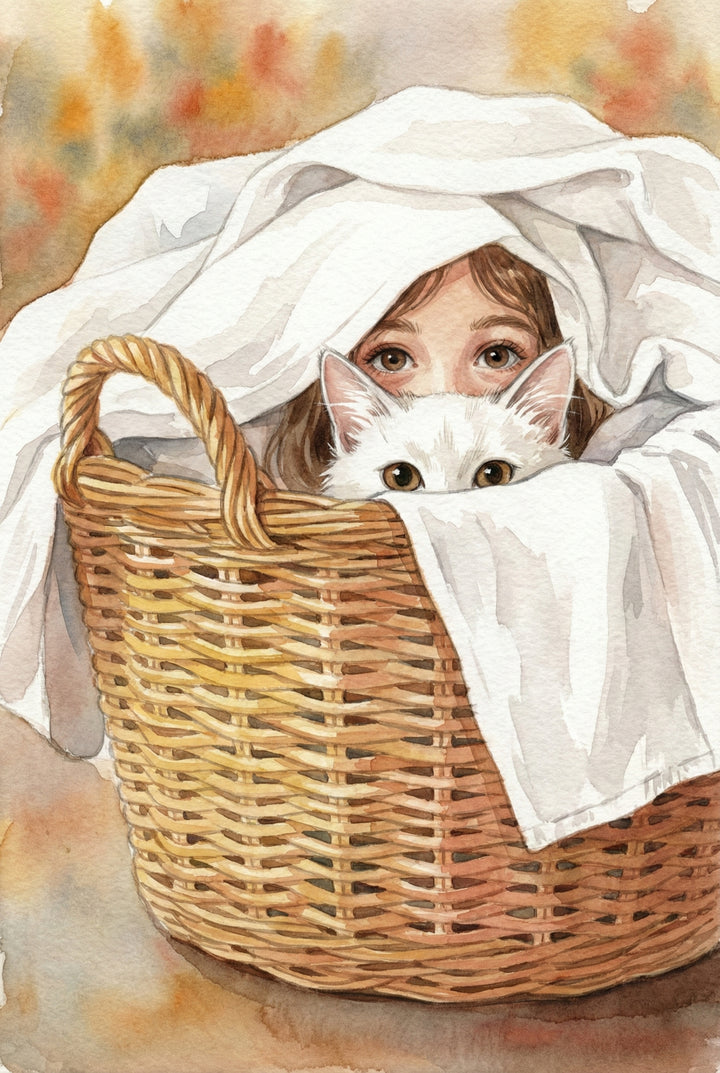 A girl and a white cat peek out from under a white sheet draped over a woven laundry basket. Only their wide eyes are visible, creating a playful, hidden moment.