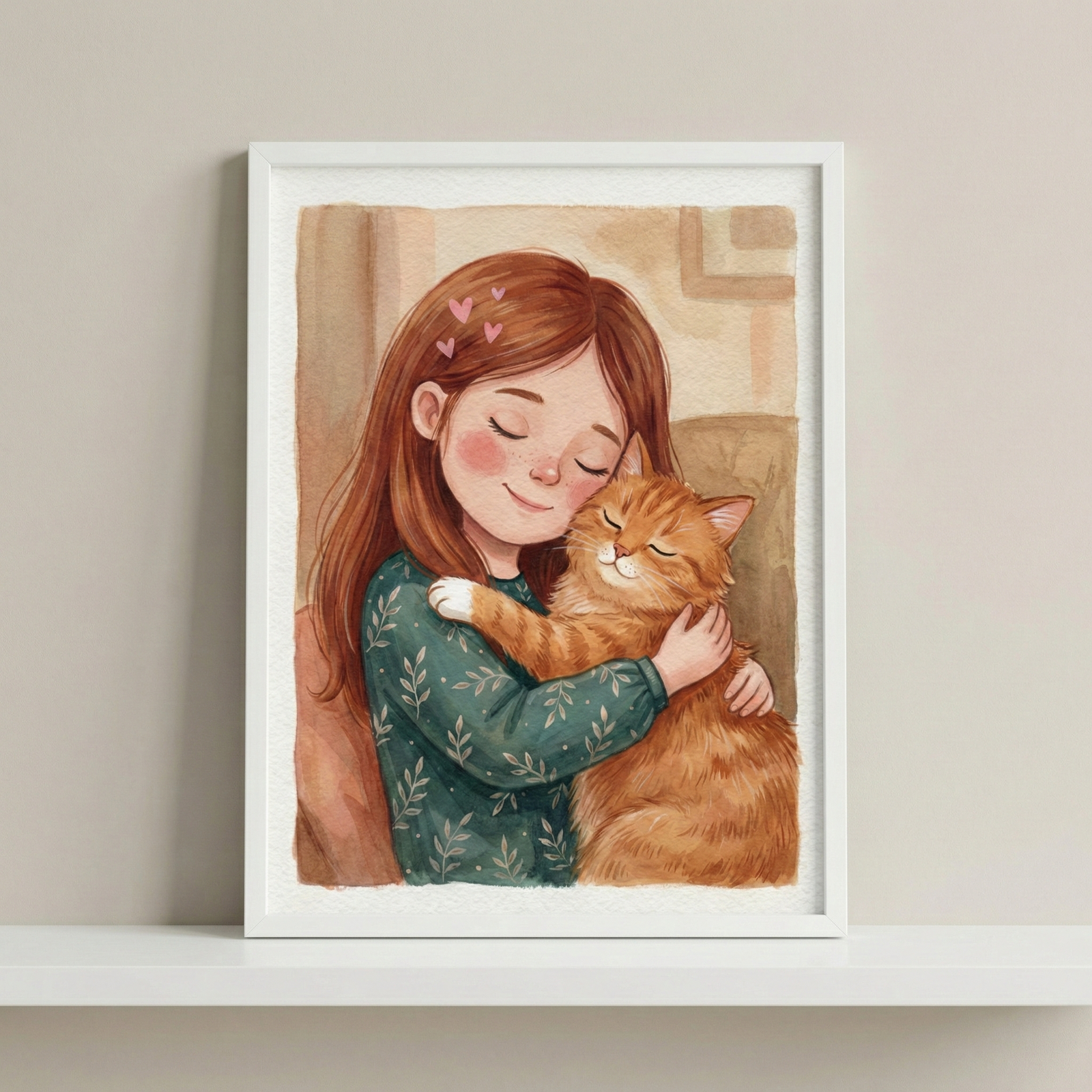 A framed watercolor-style illustration captures a tender moment between a young girl and her pet. The girl, with long auburn hair and a peaceful expression, warmly embraces a fluffy orange tabby cat. She wears a dark green sweater with a white leaf motif, and small pink hearts float near her head. The artwork is presented in a clean white frame, leaning against a neutral wall on a white shelf, conveying a sense of warmth and gentle affection.