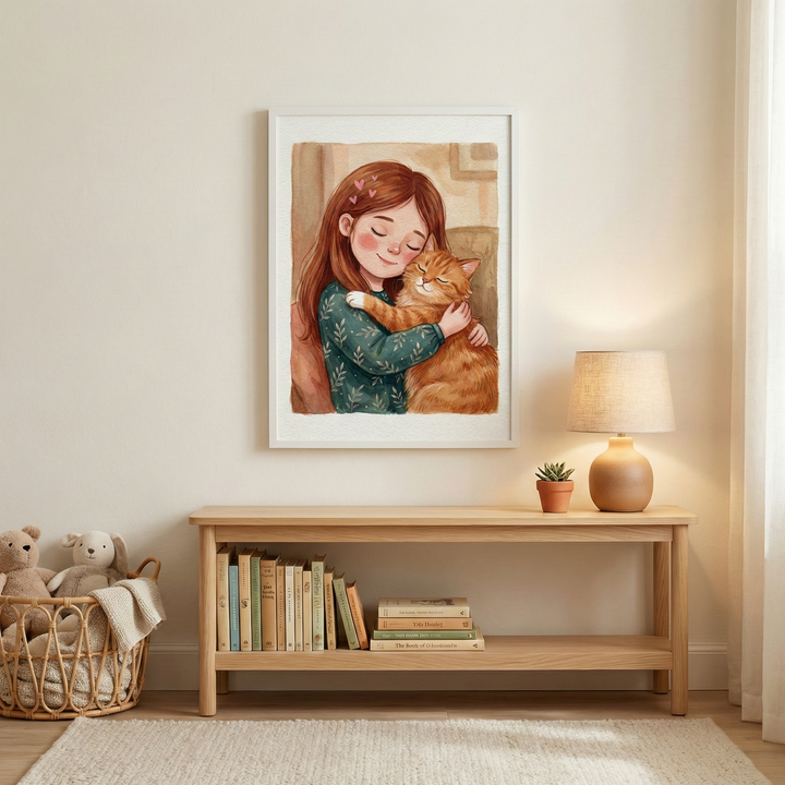 A framed illustration of a girl with long auburn hair hugging a ginger cat hangs on a neutral wall. Small pink hearts float near her head as she embraces the cat with her eyes closed. Below the frame sits a light wooden console table. Its top surface holds a small potted plant and a lamp with a beige shade. The lower shelf is filled with books. To the left, a wicker basket with stuffed animals sits on a light rug, contributing to the cozy and warm interior setting.