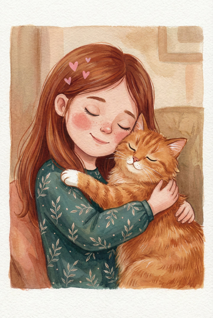 A young girl with closed eyes hugs her orange tabby cat closely, both smiling with peaceful expressions. Pink hearts float above them, capturing the warmth of their bond.