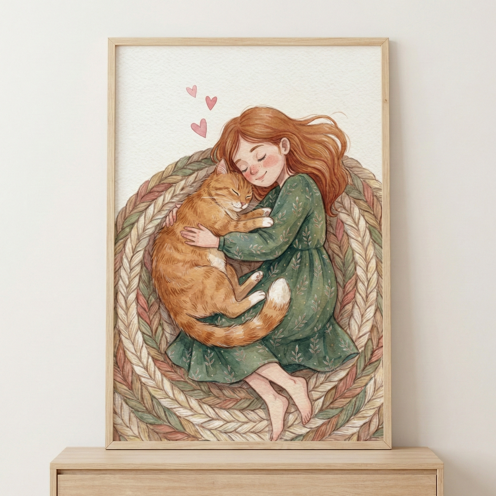 A soft illustration in a light wood frame depicts a young woman with long reddish-brown hair peacefully cuddling a large orange tabby cat. They are curled up together on a circular braided rug in muted earth tones. The woman wears a green dress with a subtle leaf pattern and has her eyes closed in a content expression. Three small pink hearts float above her head. The framed artwork sits on a wooden surface against a neutral wall, evoking a cozy and warm atmosphere.