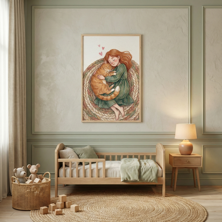 A serene and cozy children's bedroom features muted tones of sage green and natural wood. In the center, a simple wooden toddler bed is dressed with soft light-green and cream-colored bedding. To the left, a woven basket holds two cuddly stuffed bears, while several small wooden toy blocks are scattered on a large, circular braided rug. On the right, a minimal wooden nightstand supports a glowing lamp with a round ceramic base. 
