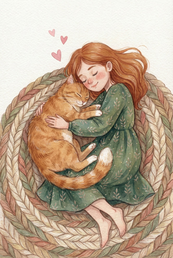 Lying on a circular braided rug, a girl in a green dress cuddles with her sleeping orange cat. Their bodies curl together as pink hearts float above them, showing calm affection.