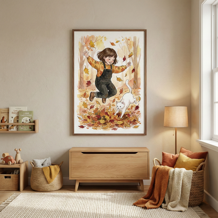 A cozy children's room with neutral-toned walls features a large framed illustration of a young girl with short brown hair jumping joyfully in a pile of autumn leaves next to a white cat. The girl wears a yellow patterned shirt and dark overalls, surrounded by falling red, orange, and yellow leaves in a forest setting. Below the artwork sits a light wood storage chest. To the left, a small shelf holds books and wooden toys, with a woven basket of blankets nearby. 