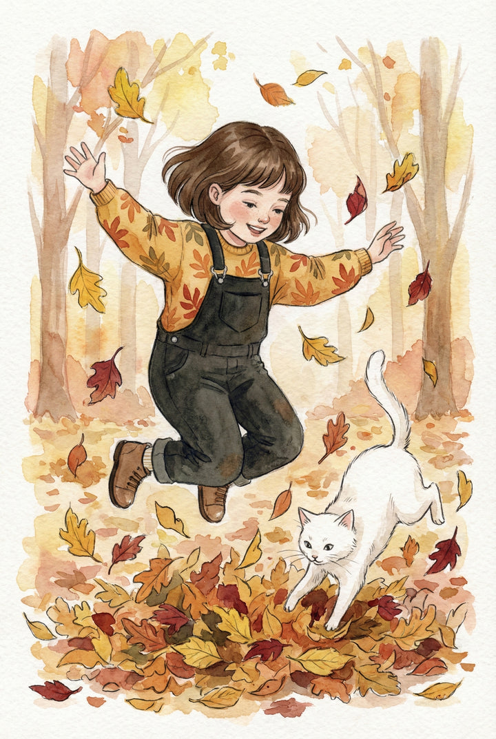 A cheerful girl in overalls leaps into a pile of colorful fall leaves while a white cat playfully pounces beside her. The scene is full of warm tones and movement.
