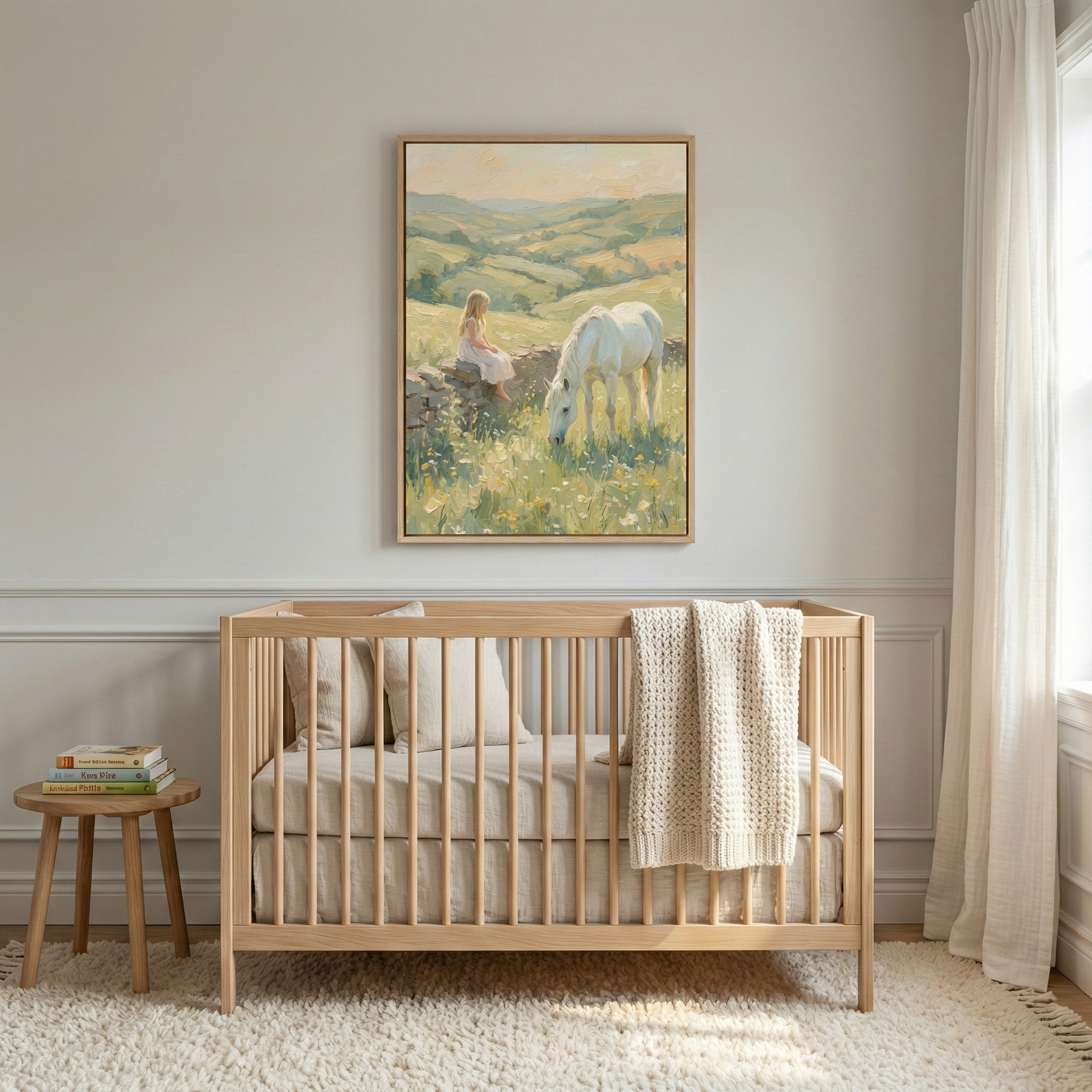 A serene nursery features a light-wood crib centered against a soft grey wall. Draped over the crib is a chunky cream knit blanket alongside neutral bedding. Above the crib, a large framed artwork depicts a pastoral scene of a girl in a white dress sitting on a stone wall next to a white horse grazing in rolling green hills. To the left, a small wooden stool holds several books. A plush, textured off-white rug covers the floor, and sheer white curtains hang by a window on the right.