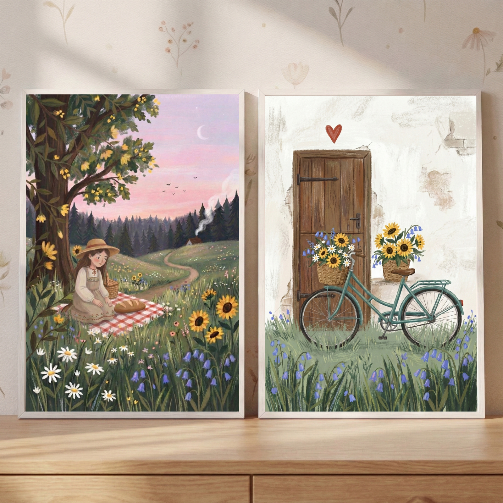 Two framed countryside illustrations sit on a wooden surface against a softly patterned wall. One shows a girl having a picnic on a red checkered blanket in a meadow of sunflowers and wildflowers beside a winding path under a pink evening sky with a crescent moon while the other shows a green bicycle with baskets of sunflowers leaning against a wooden door with a small red heart above it and blue flowers growing in the grass.