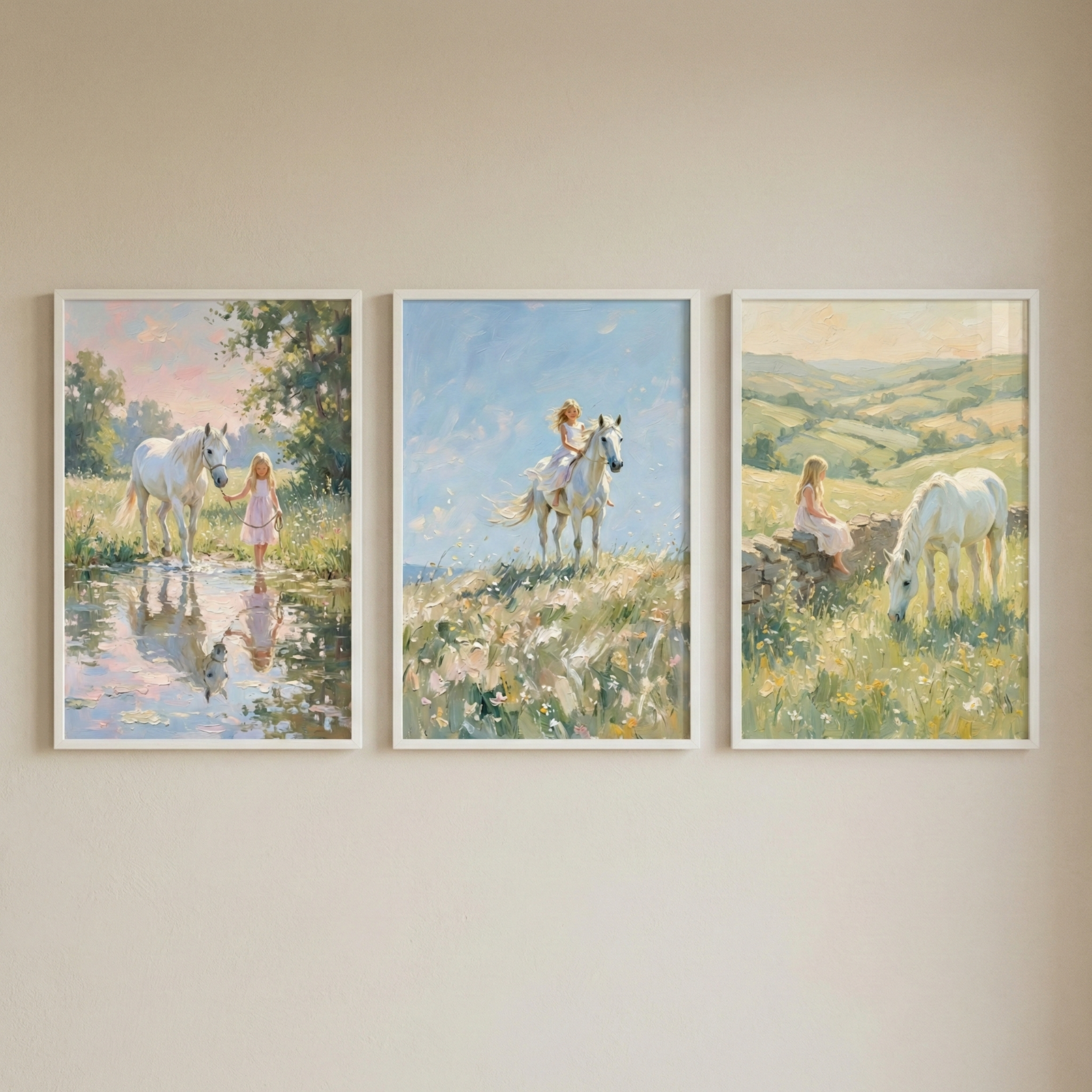 This set of three framed prints features a young girl and a white horse in soft, impressionistic scenes. On the left, she leads the horse through a shallow stream, their forms reflected in the water. The center piece shows her riding across a wildflower meadow under a bright blue sky. On the right, she sits on a stone wall while the horse grazes in a valley of rolling hills. Each serene image is enclosed in a slim white frame against a light beige wall.