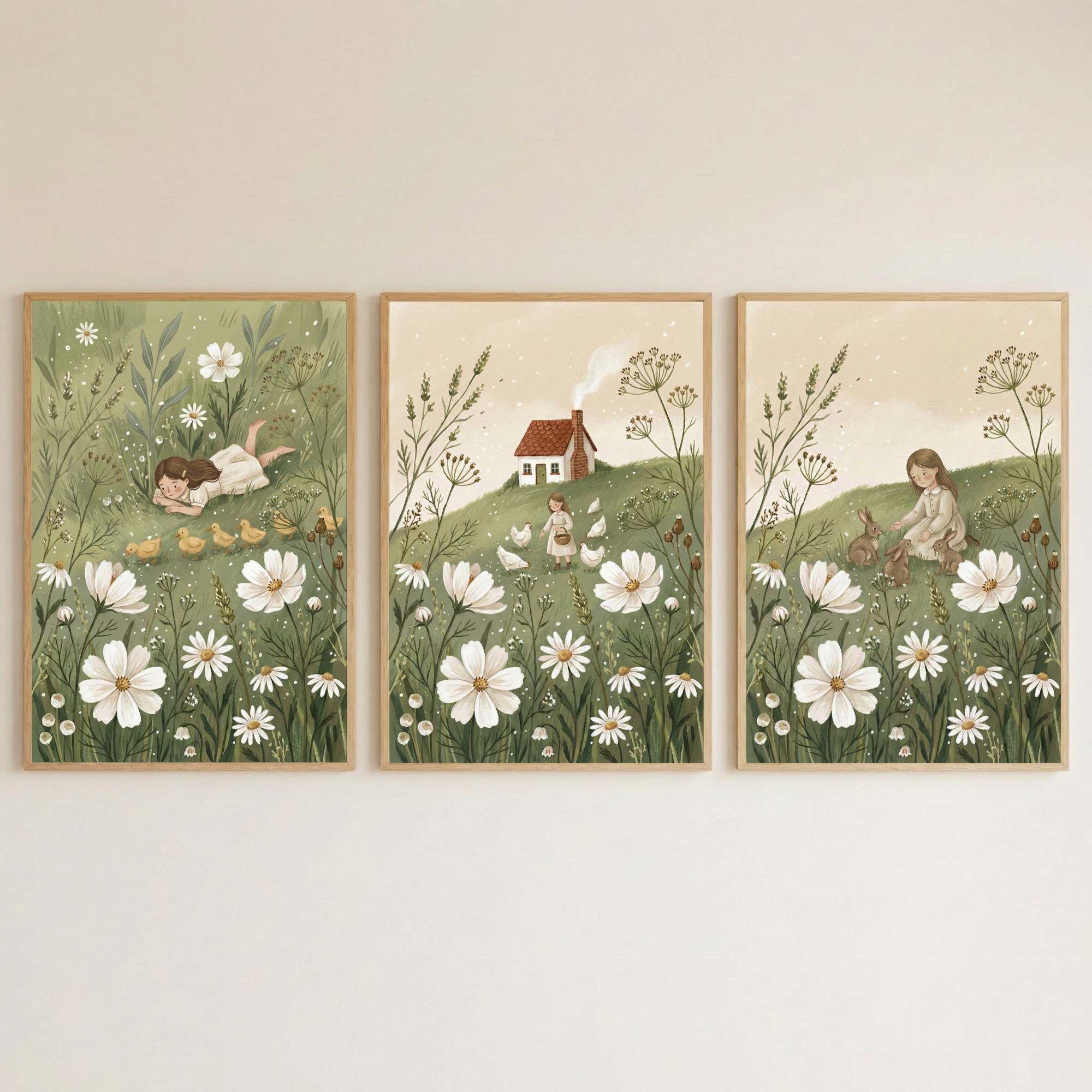 Three framed nursery illustrations hang on a light wall showing soft countryside scenes filled with daisies. One shows a child lying in a meadow watching ducklings, another shows a child feeding chickens near a small cottage on a hill, and the third shows a child sitting in the grass gently petting rabbits among wildflowers.