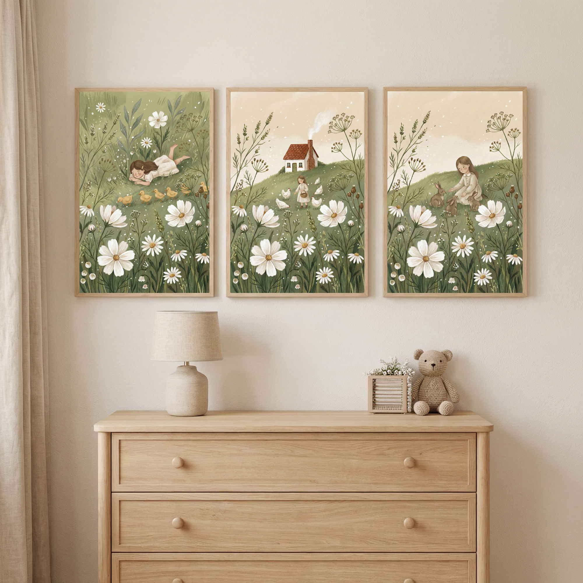 Three framed meadow illustrations hang above a light wood dresser in a soft neutral nursery. The scenes show a child lying in grass watching ducklings among daisies a child feeding chickens near a small cottage on a hill and a child sitting in wildflowers gently petting rabbits.