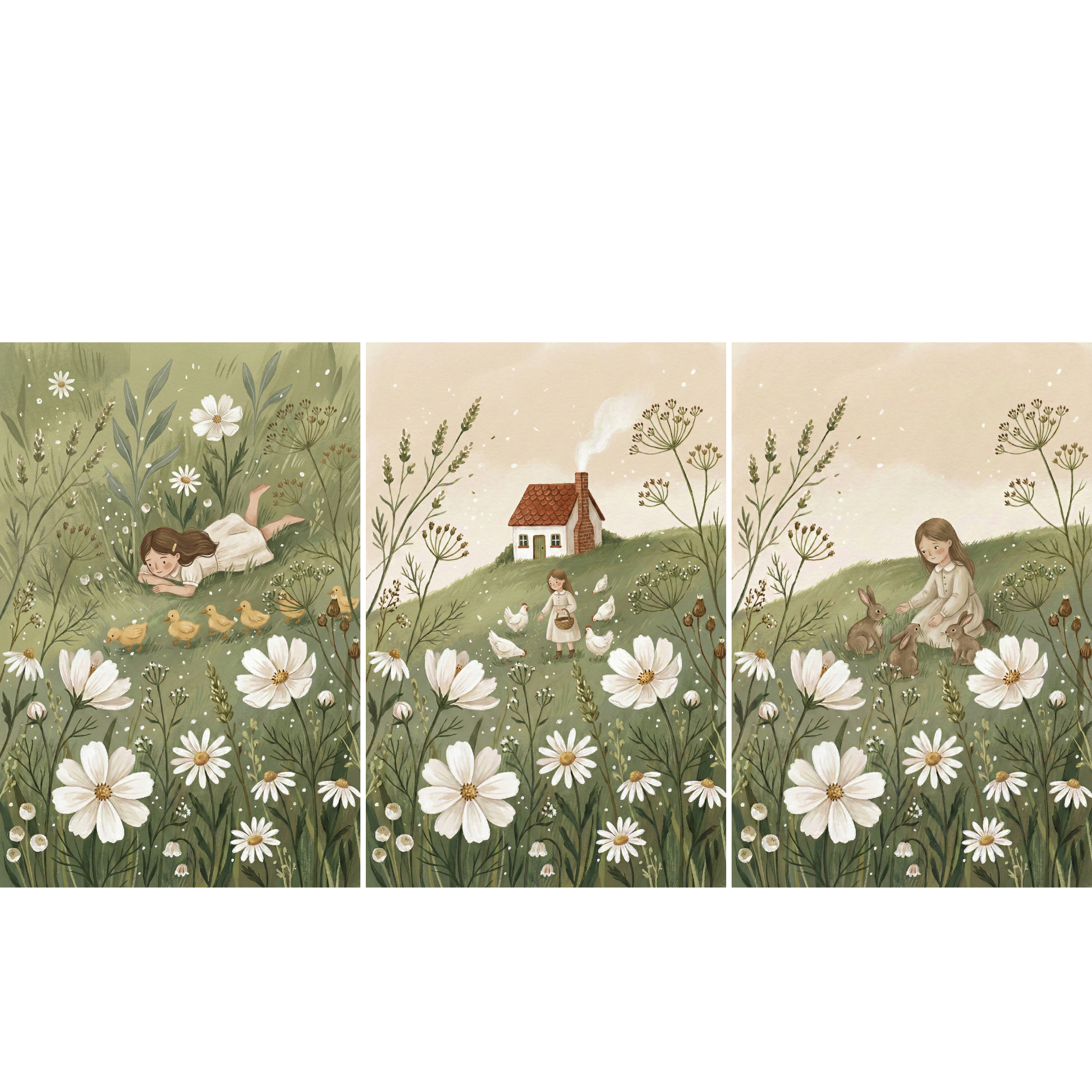 A three-panel illustration in a soft, whimsical style shows a young girl in a white dress in an idyllic countryside setting. In the first panel, she lies in a meadow of large white flowers, watching a row of yellow ducklings. The second panel features her walking among white chickens near a small cottage with a red roof on a hill. The third panel shows her sitting on a hill, interacting with several brown rabbits. Tall grasses and white flowers fill the foreground of each scene.