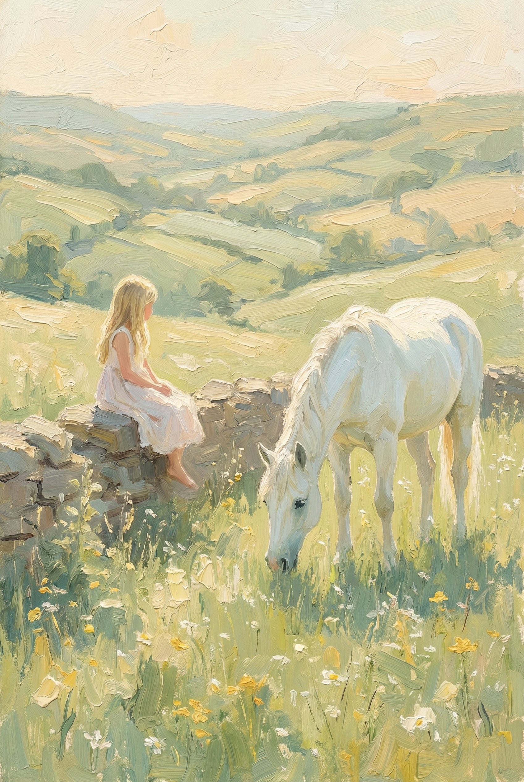 A young girl with long blonde hair sits on a stone wall, looking out at a vast, hilly landscape. Beside her, a white horse grazes in a field of yellow wildflowers. The scene features thick, visible textures and a soft color palette of greens, creams, and yellows, bathed in a gentle, warm light. The rolling hills in the distance fade into a soft haze, creating a serene and timeless atmosphere in a quiet countryside setting.
