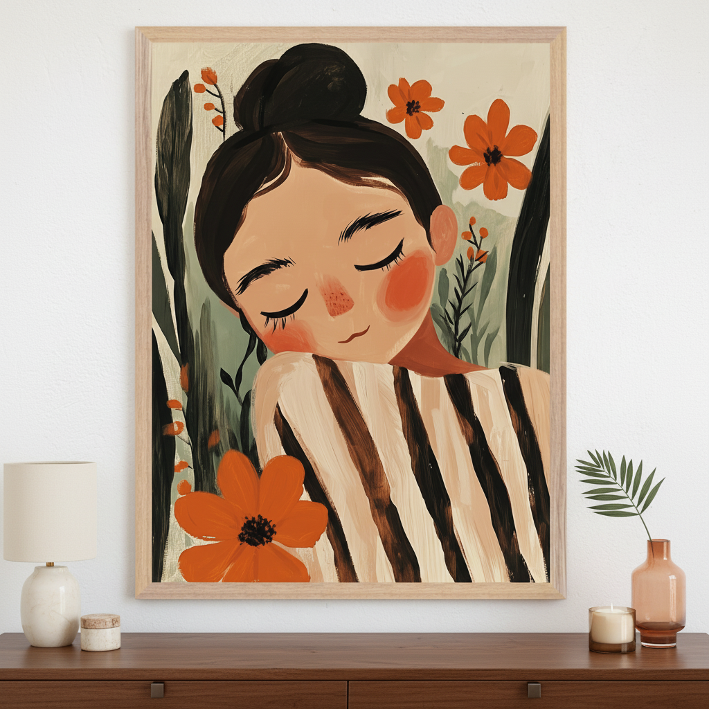 Modern room with a wooden dresser. A large framed painting of a sleeping girl with dark hair, orange flowers, and green leaves hangs centered above the dresser. She wears a striped shirt, in an illustrative, painterly style.