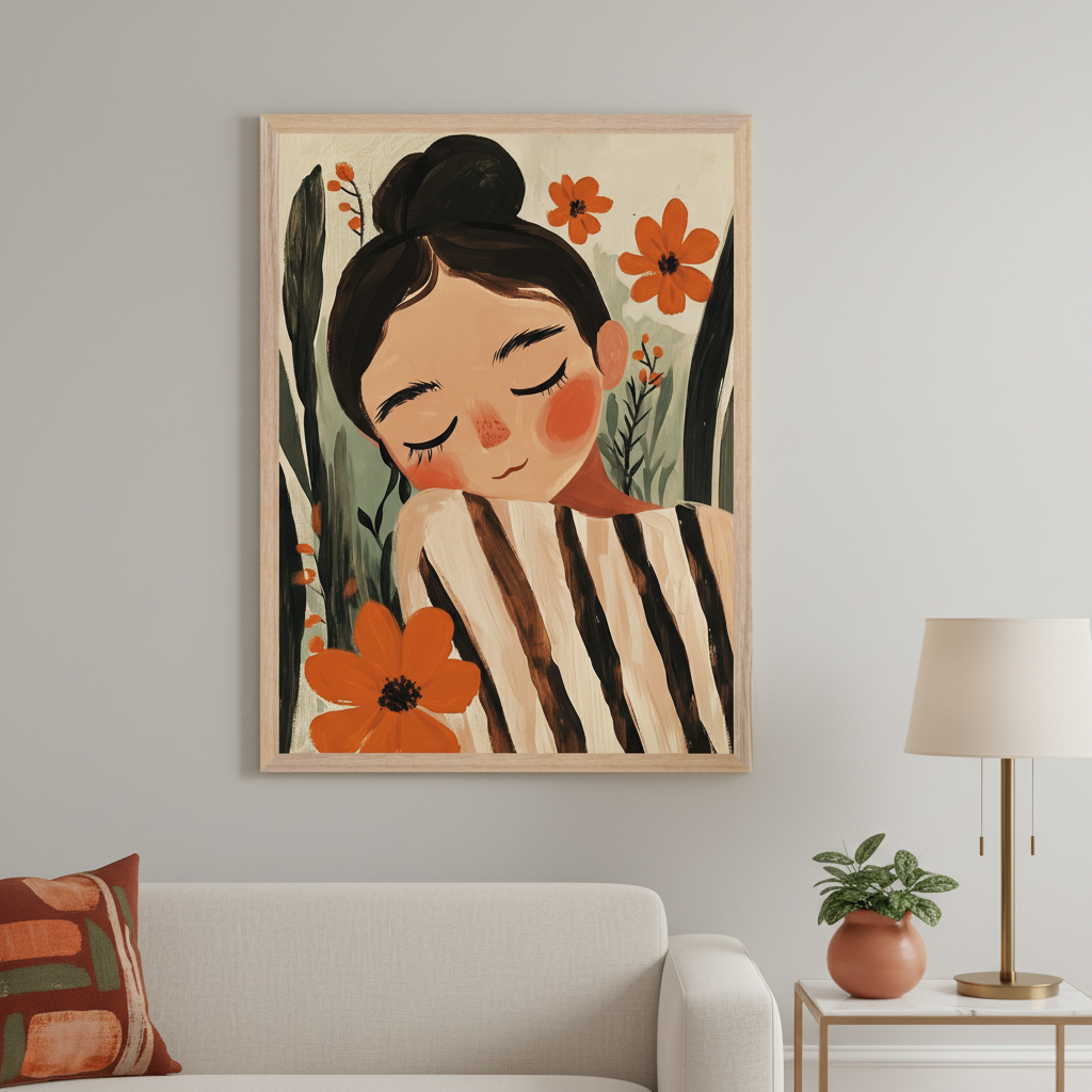 Modern living room with a light sofa and a patterned throw pillow. A large framed painting of a woman with closed eyes, dark hair in a bun, and a striped top, surrounded by green foliage and orange flowers, hangs centered above the sofa. A side table with a lamp and plant is to the right.